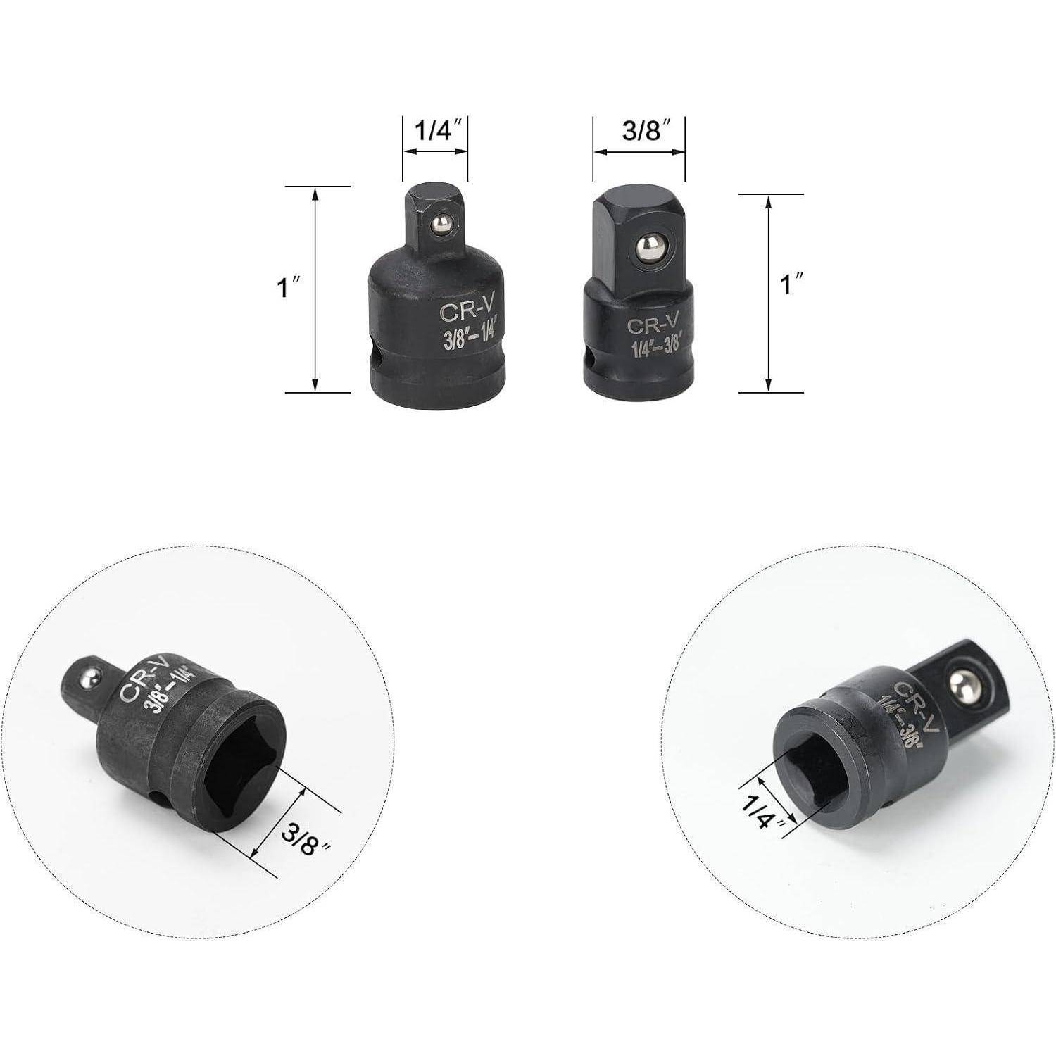 Vergleichsbild zweier Steckdossenadapter-Werkzeuge, gekennzeichnet mit 1/4 Zoll und 3/8 Zoll, zeigt deren Größen und Endprofile im Detail.