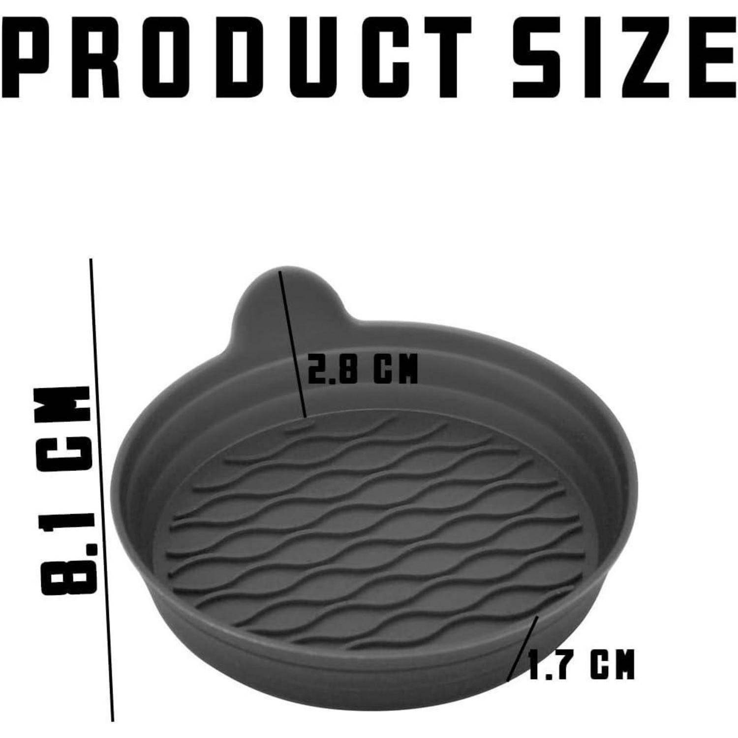 Produktgrößendiagramm einer runden grauen Pfanne: 8,1 cm breit, 2,8 cm hoch am Griff und 1,7 cm tief.