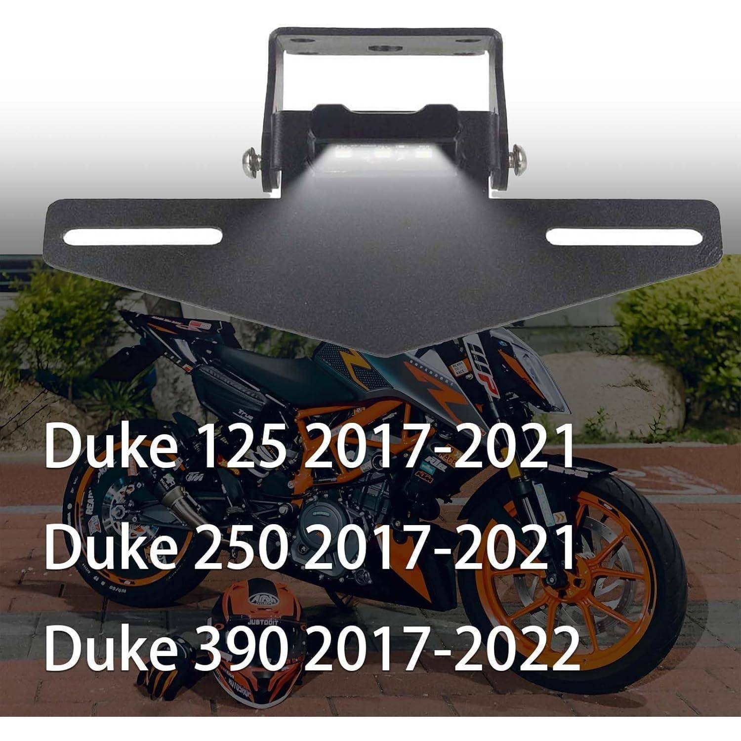 Motorrad-Kennzeichenhalter über einem KTM Duke Motorrrad-Bild abgebildet, mit Kompatibilitätstext: Duke 125 2017-2021, Duke 250 2017-2021, Duke 390 2017-2022.