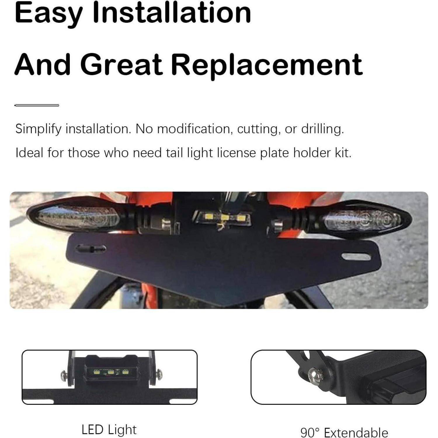 Produktanzeige für ein einfach zu montierendes Motorrad-Rücklicht und Kennzeichenhalter-Set mit LED-Licht und 90° verstellbarem Halter; kein Schneiden oder Bohren erforderlich.