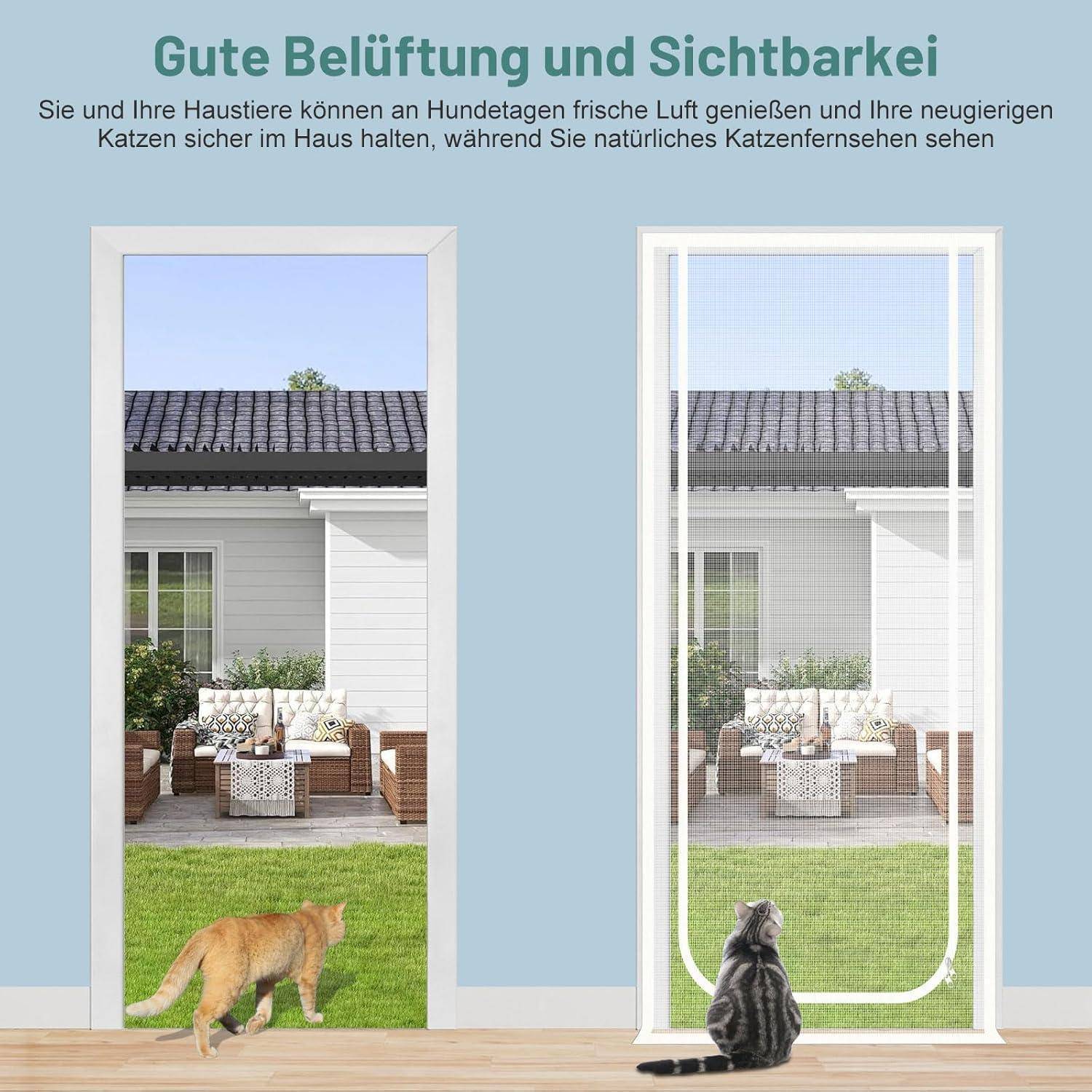 Split-View-Anzeige für eine Mesh-Fliegengittertür: Links zeigt eine offene Türöffnung, durch die eine Katze nach draußen geht; rechts zeigt das Gitter geschlossen, wobei die Katze drinnen bleibt, während die Sicht nach außen und die Luftzirkulation erhalten bleiben.