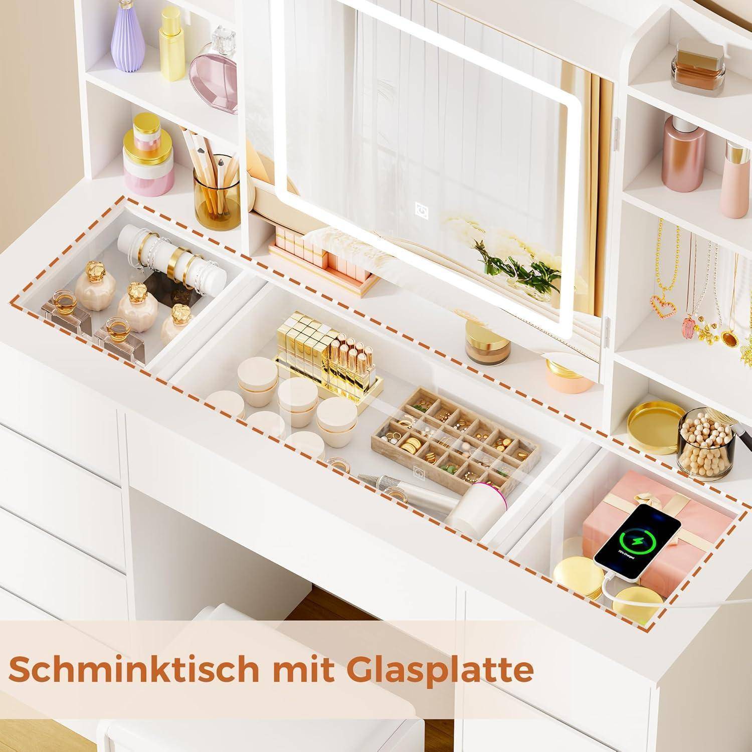 Weißer Frisiertisch mit Glasplatte und integrierten Fächern, die Makeup, Schmuck und Kosmetikprodukte übersichtlich rund um einen Spiegel organisieren; die Bildunterschrift lautet „Schminktisch mit Glasplatte