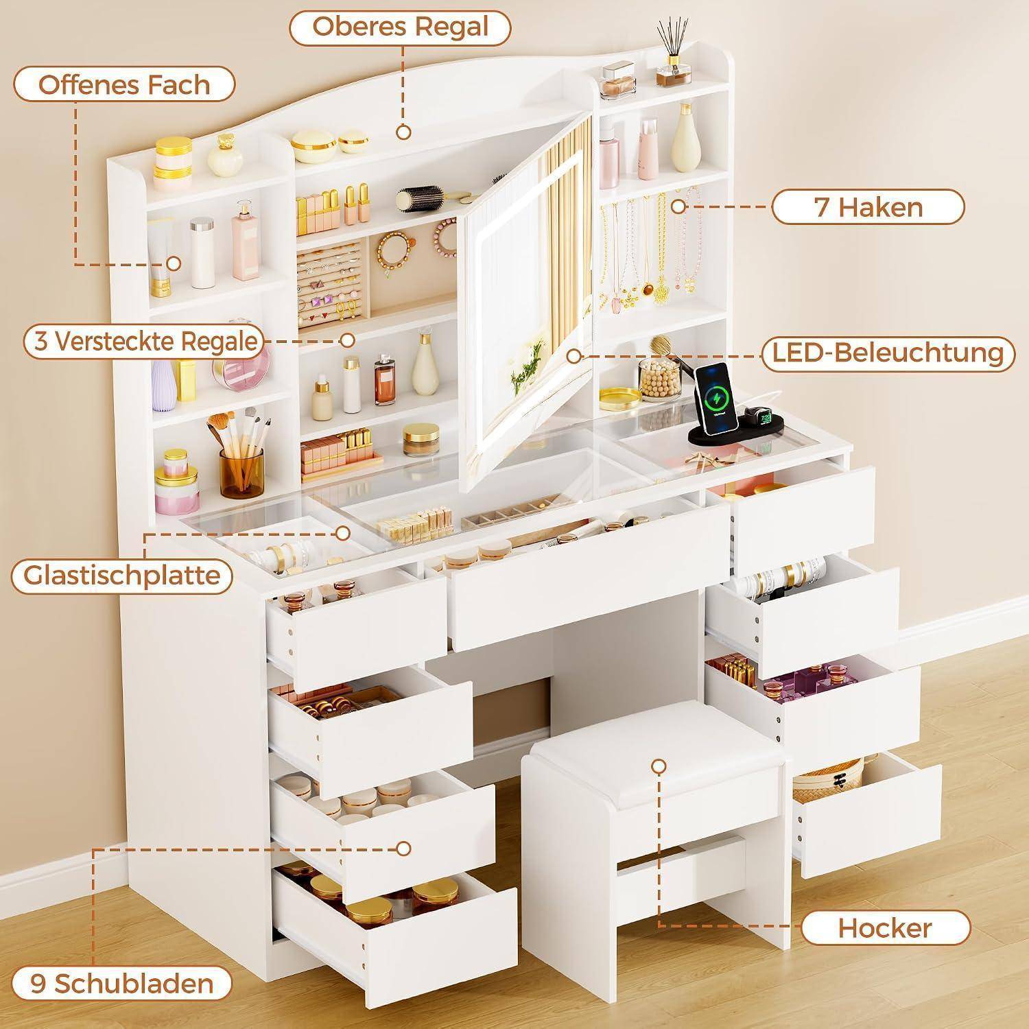 Weißer Frisiertisch mit Spiegelschrank, offenen Regalen, 7 Haken, LED-Beleuchtung, Glasplatte, 9 Schubladen und passendem Hocker; Etiketten sind auf Deutsch.