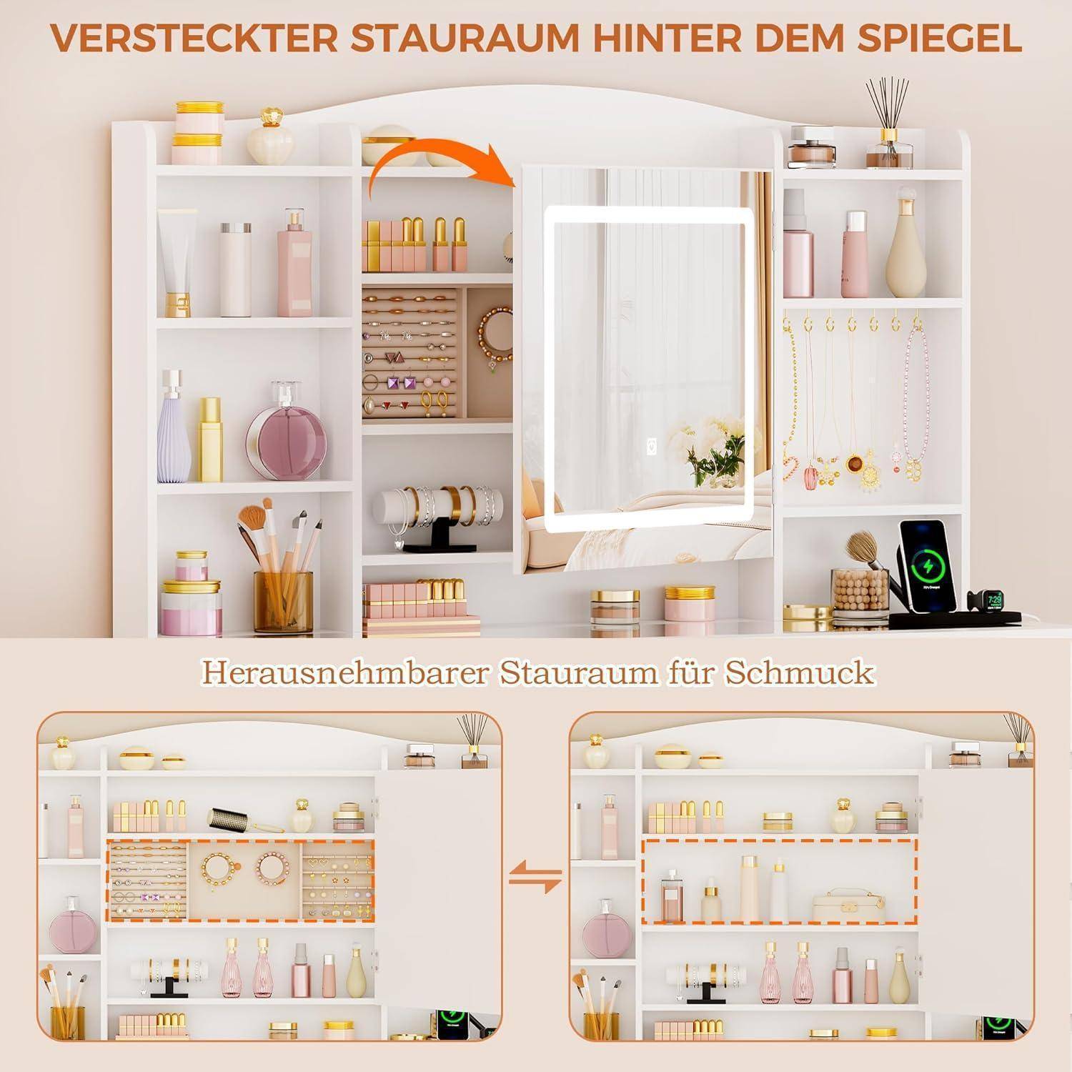 Spiegelschrank mit verstautem Stauraum hinter dem Spiegel; offene Regale und Schubladen präsentieren Schmuck und Kosmetik, mit Vorher-Nachher-Ansichten zur Aufbewahrung unten.
