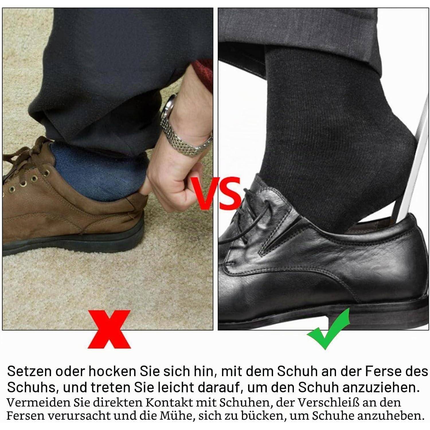 Nebeneinander-Vergleich zum Schnürsen von Schuhen: Links wird die falsche Methode gezeigt, bei der die Ferse den Fuß quetscht, gekennzeichnet mit einem roten X; rechts wird die richtige Methode dargestellt, bei der die Schuhferse verwendet wird, gekennzeichnet mit einem grünen Häkchen.
