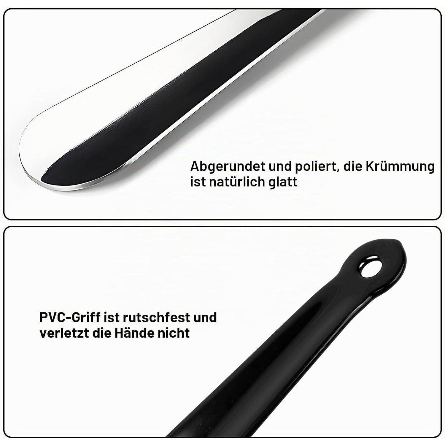 Zweipanel-Produktbild eines schwarzen Metall-Schuhanziehers: oben zeigt sich die abgerundete polierte Spitze mit dem Text „Abgerundet und poliert, die Krümmung ist natürlich glatt