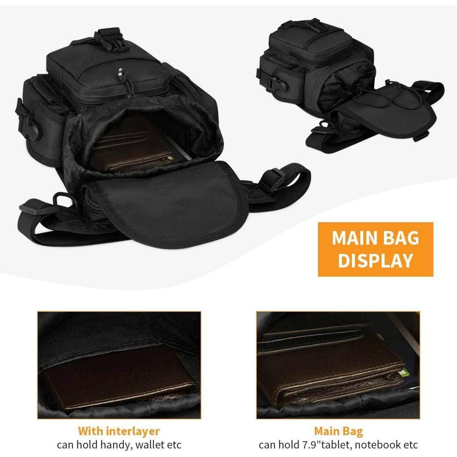 Schwarze Rucksack-Tasche, geöffnet und geschlossen dargestellt, mit beschrifteten Ansichten des gepolsterten Stauraums für ein Telefon, Geldbeutel und Notizbuch.