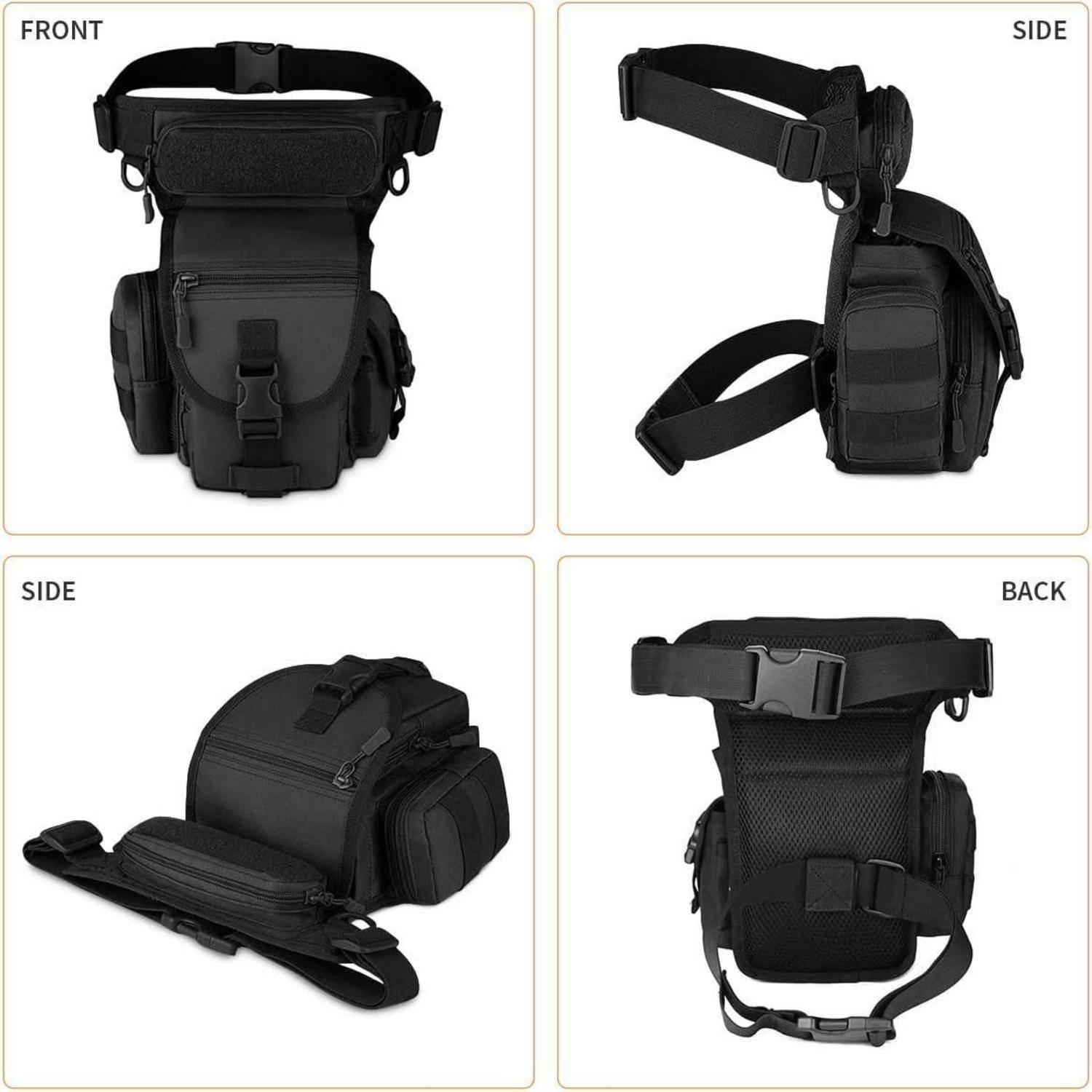 Schwarze taktische Hüft-/Oberschenkeltasche, von vorne, von der Seite und von hinten dargestellt, mit verstellbaren Riemen und mehreren Reißverschlusstaschen.