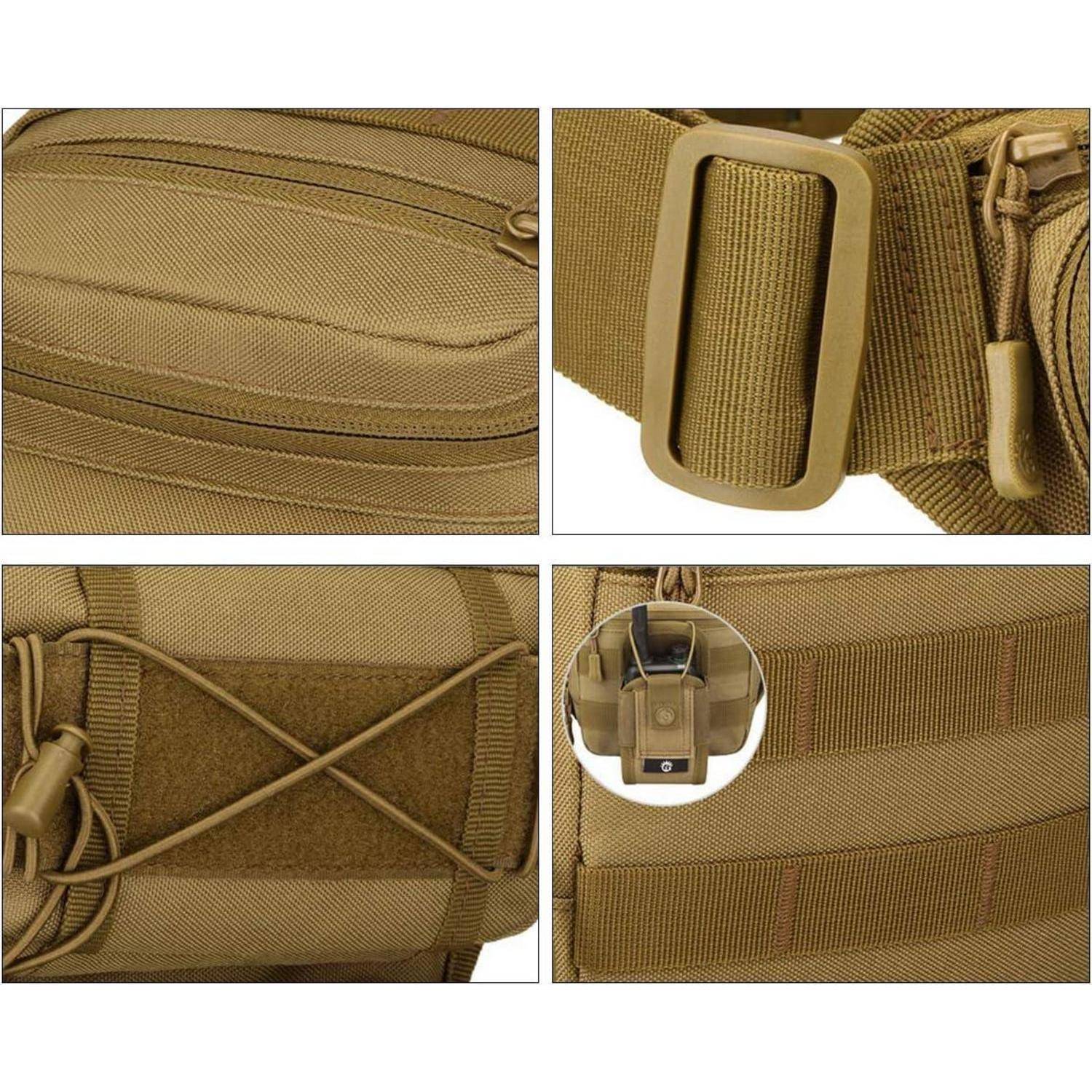 Collage einer beige/hellbraunen Taktiktasche oder eines Rucksacks mit Reißverschlusstasche, verstellbarem Schnallengurt, hinterer Befestigung und Webbingdetails.