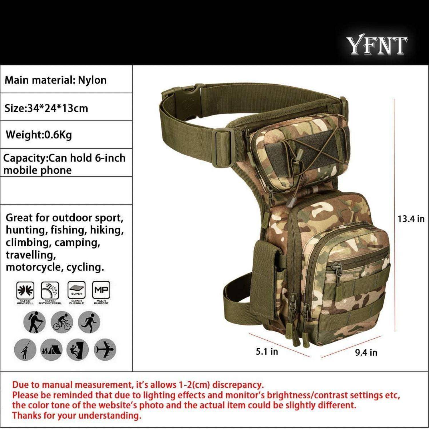 Produktbild einer Camouflage-Nylon-Beintasche mit verstellbaren Hüft- und Oberschenkelriemen, zeigt Abmessungen von 13,4 x 9,4 x 5,1 Zoll und passend für ein 6-Zoll-Telefon.