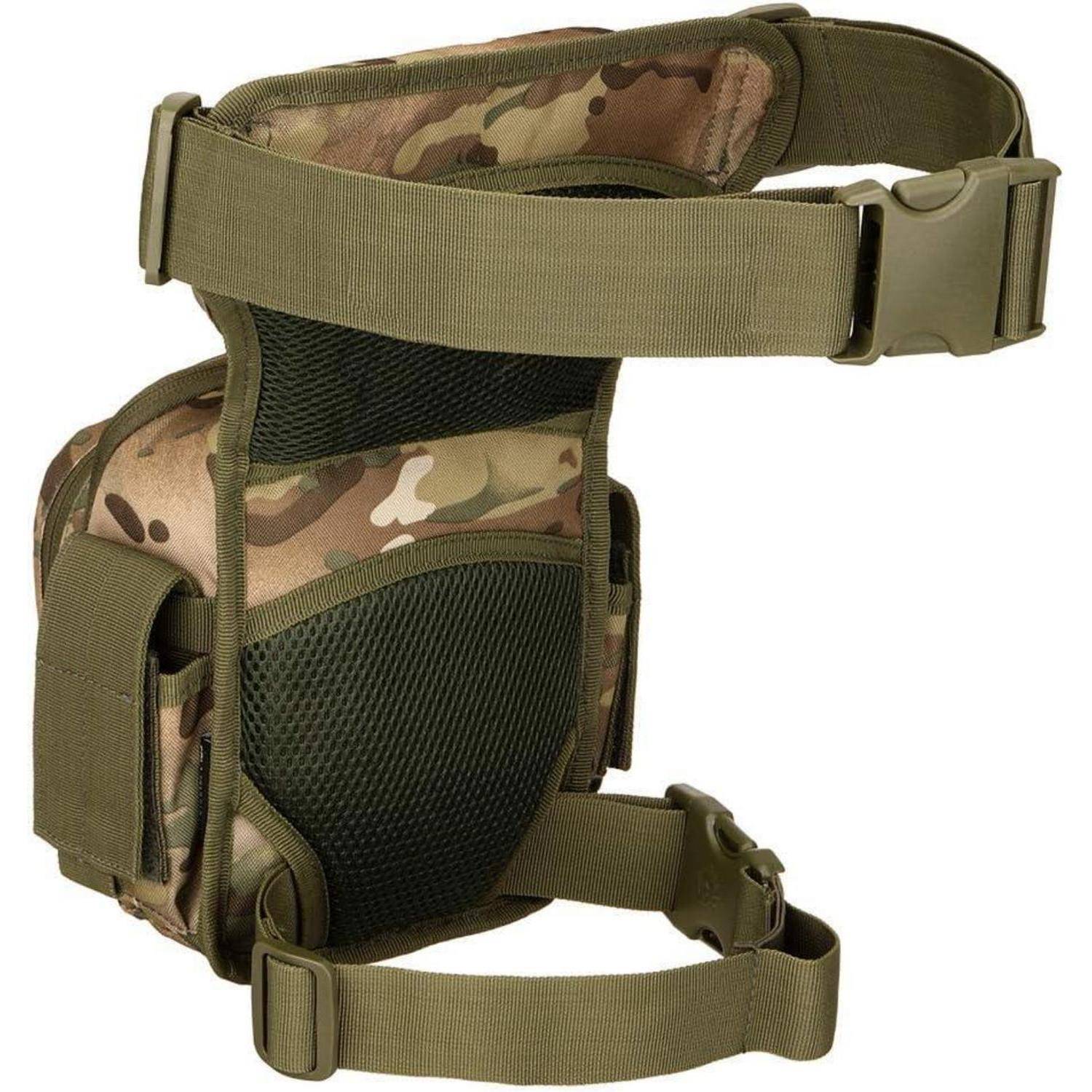 Taktische Oberschenkel-Holster mit Camouflage-Muster, verstellbaren Hüft- und Beingurten, gepolstertem Mesh-Panel und seitlicher Aufbewahrungstasche.