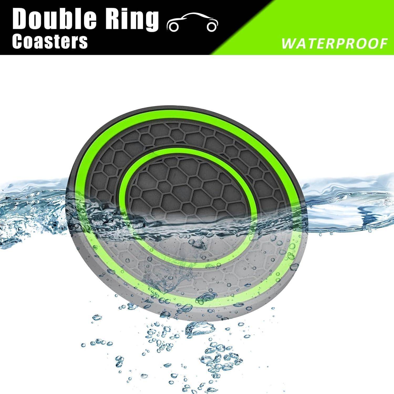Runde schwarz-grüne Doppelring-Untersetzer mit der Aufschrift „WATERPROOF