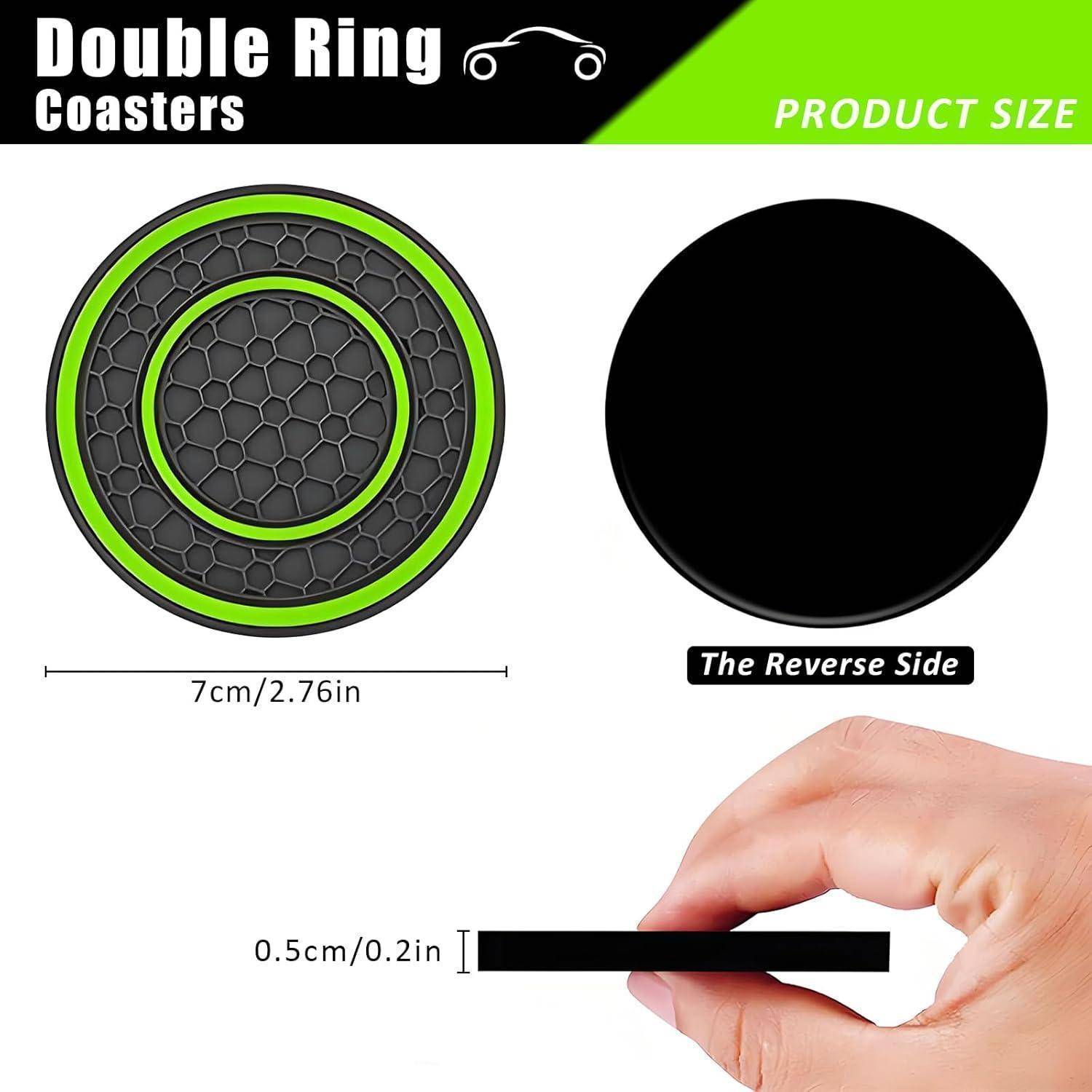 Größentabelle für Doppelring-Untersetzer mit einem 7 cm (2,76 Zoll) runden Untersetzer und 0,5 cm (0,2 Zoll) Dicke, wobei die Rückseite als durchgehend schwarz dargestellt ist.