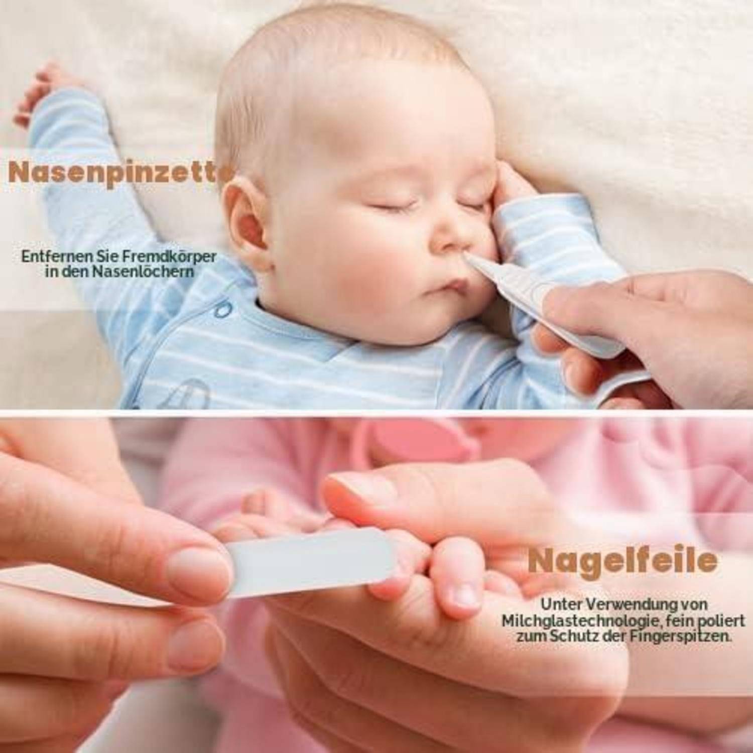 Zweireihiges Babypflege-Bild: Oben wird einem Baby ein Nasensauger verwendet, beschriftet mit „Nasenpinzette