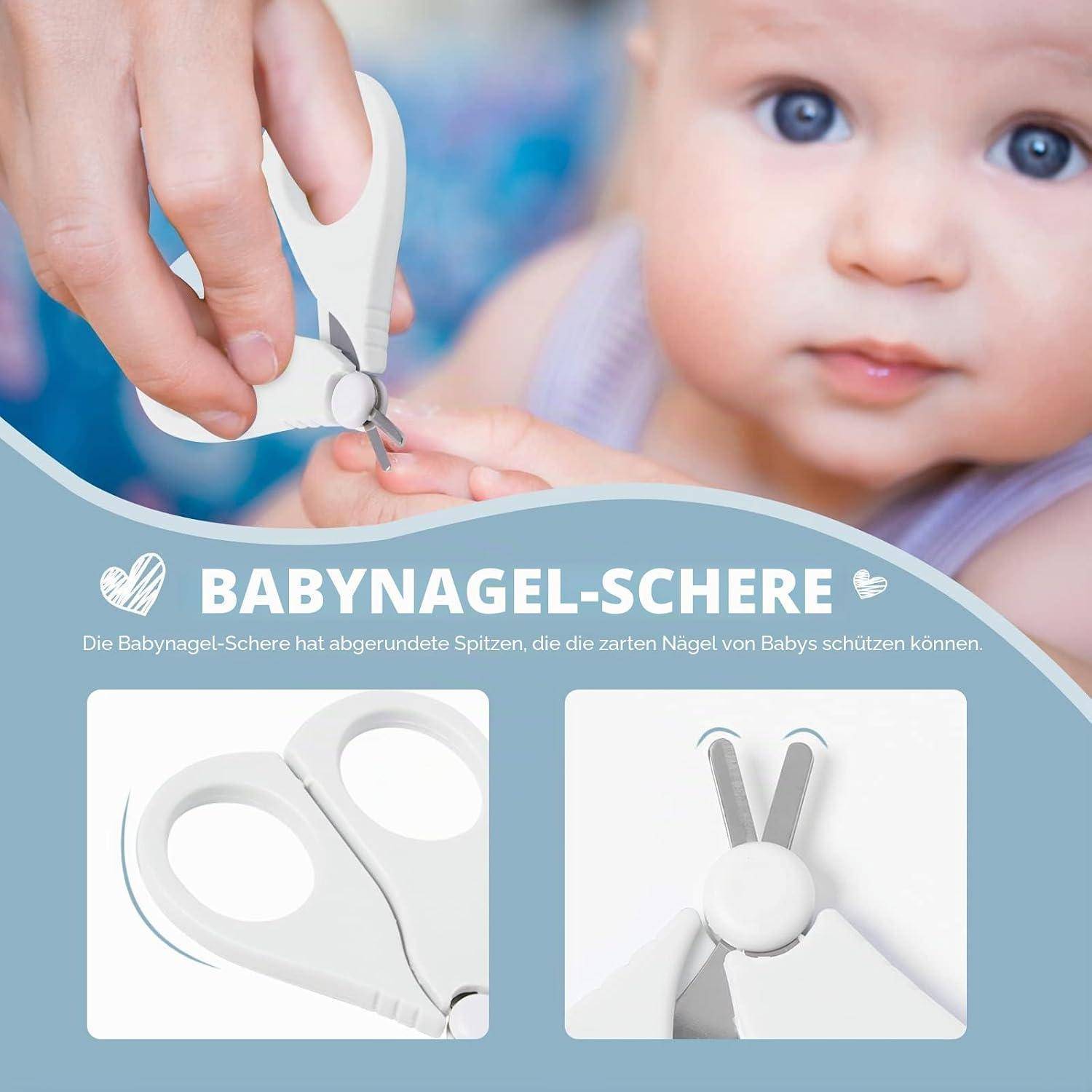 Babynagel-Schere mit abgerundeten Spitzen, wird beim Schneiden des Fingernagels eines Babys gezeigt, mit Nahaufnahmen der Schere und deutscher Beschriftung 'BABYNAGEL-SCHERE'.