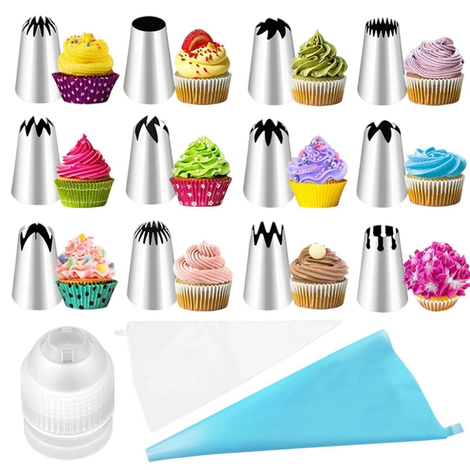 Collage von Metall-Spritztüllchen und Spritzbeuteln zum Verzieren von Cupcakes mit geschwungener Glasur.