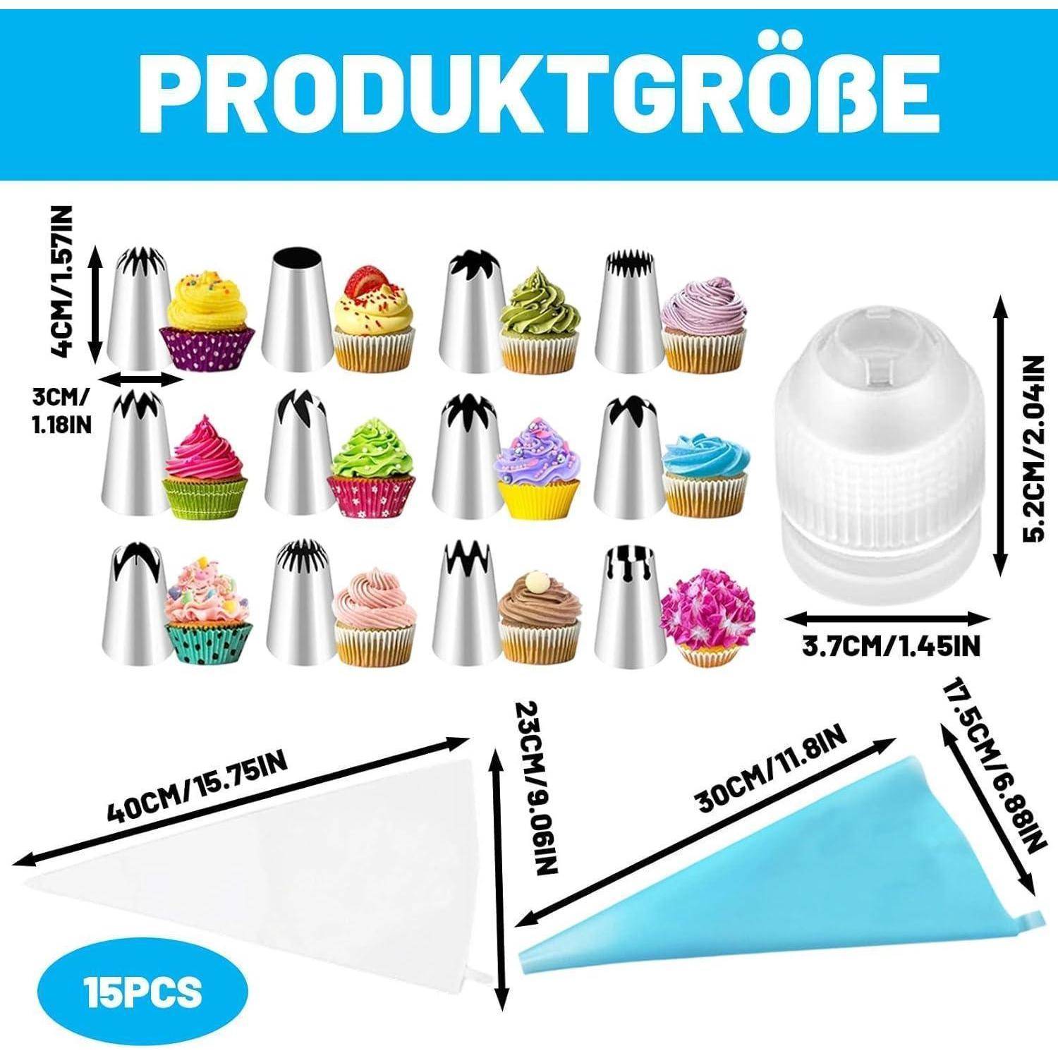 Diagramm der Spritztüllengröße und Beuteldimensionen für ein 15-teiliges Cupcake-Dekorationset, beschriftet mit 