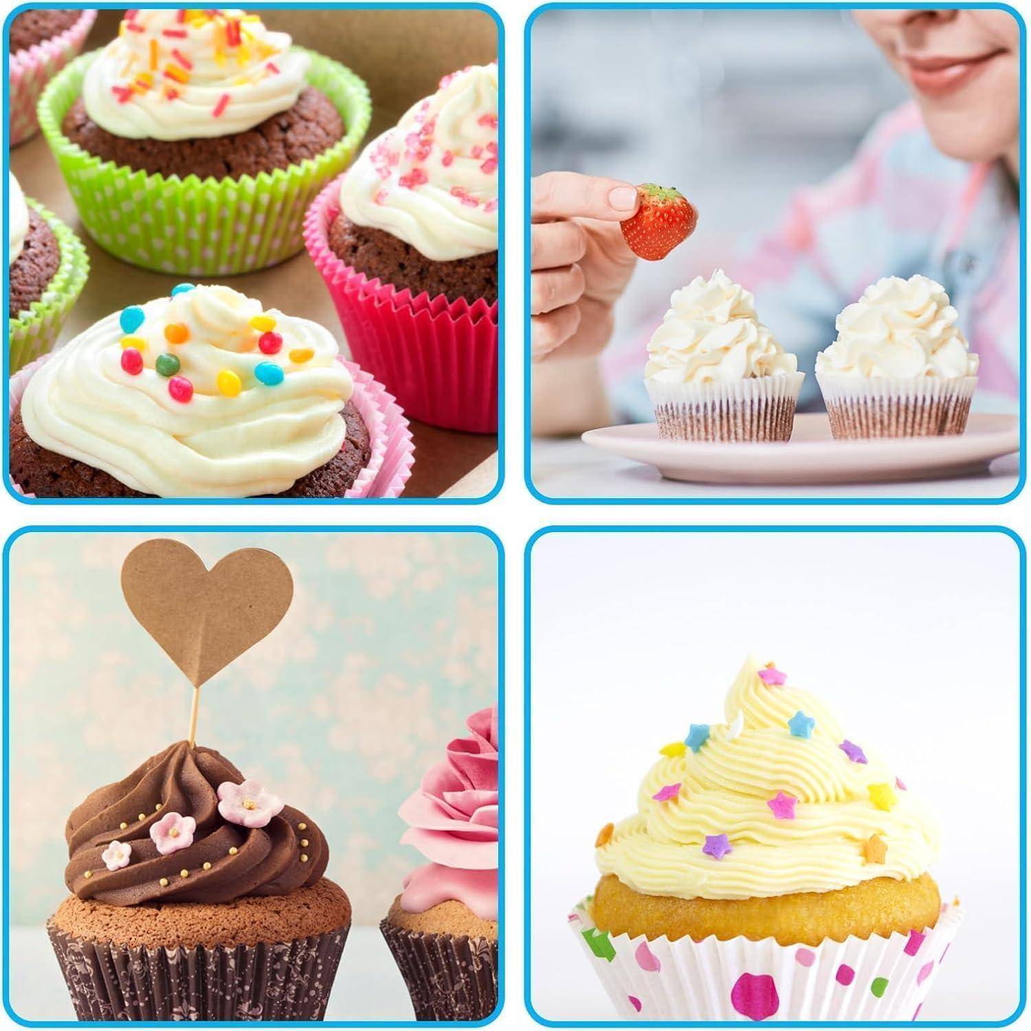 Vier Cupcake-Fotos, die dekorierte Cupcakes mit geschwungener Glasur, Streuseln und Obst zeigen; ein Bild zeigt eine Person, die einen Erdbeeroberteile hinzufügt.