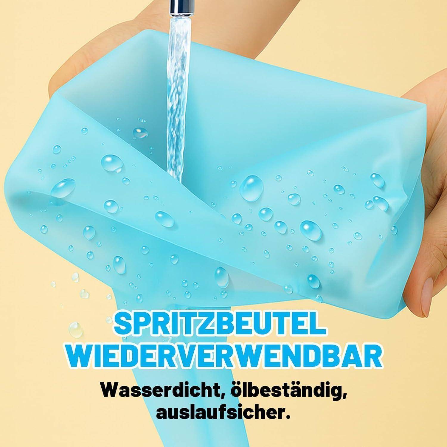 Blaue wiederverwendbare Silikonaufbewahrungstasche wird unter fließendem Wasser gespült, mit deutschem Text, der behauptet, dass sie wasserdicht, ölbeständig und auslaufsicher ist.