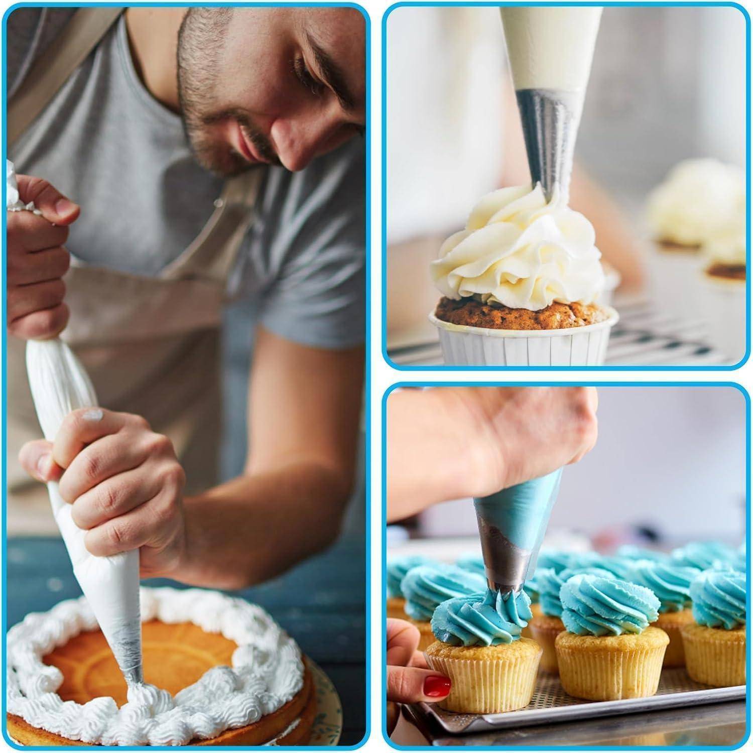 Collage eines Bäckers, der Glasur auf Kuchen und Cupcakes spritzt und Dekorationstechniken mit weißer und blauer Glasur zeigt.