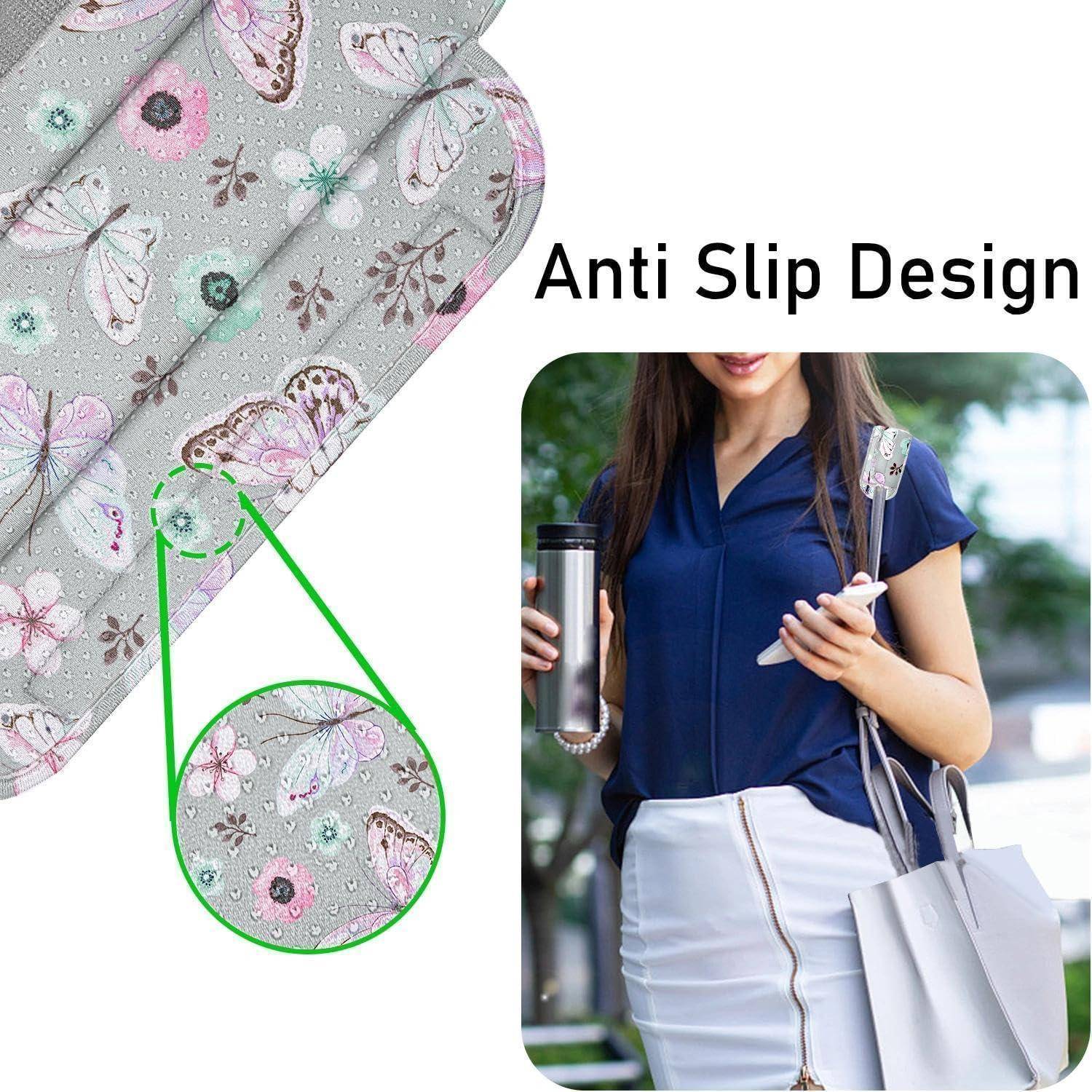 Werbegrafik mit einem floralen Stoff im "Anti-Rutsch-Design"" mit vergrößerter Nahaufnahme sowie einer Frau, die eine Tasche und Getränke trägt, was die Griffigkeit des Materials demonstriert.