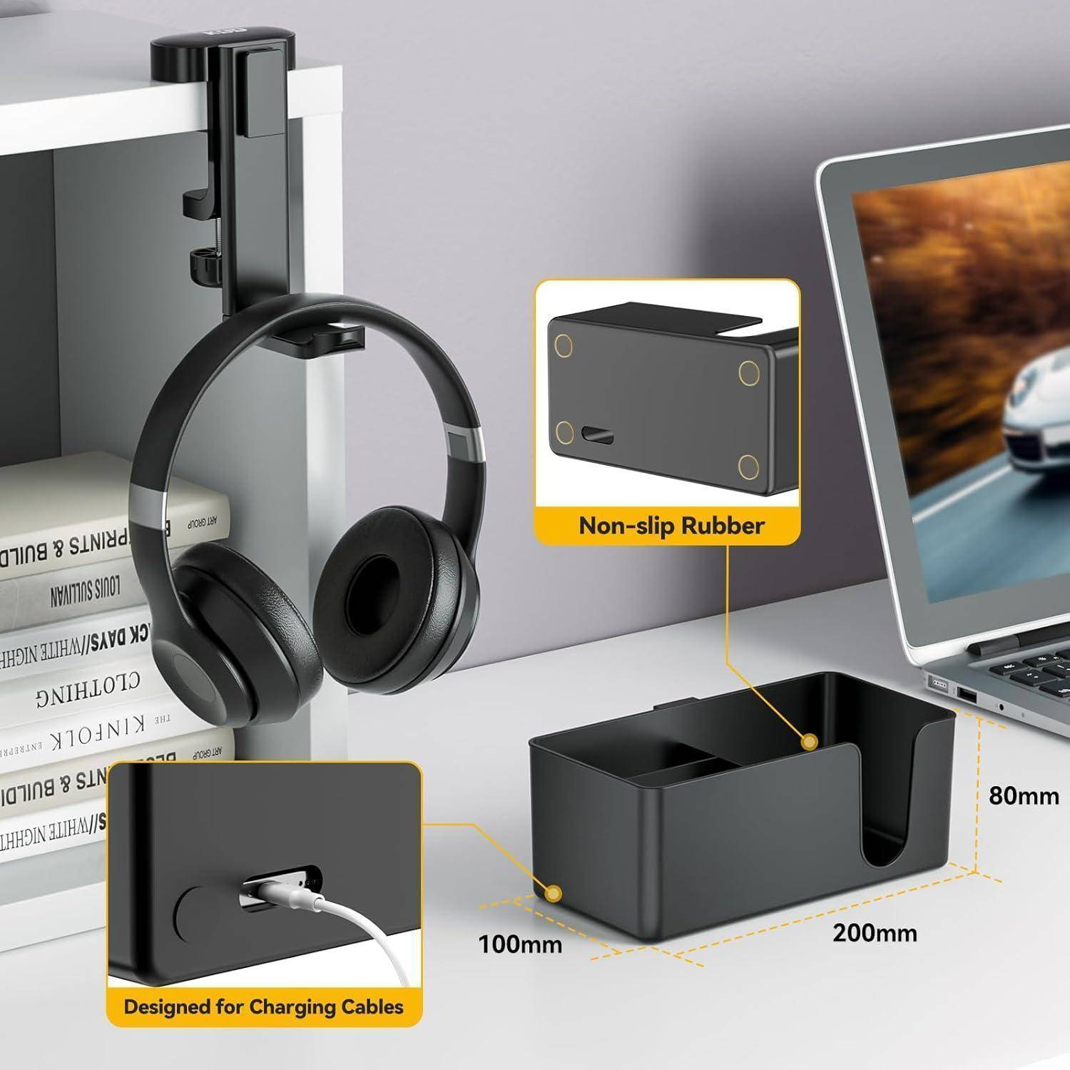 Schreibtisch-Kabelorganizer-Box mit rutschfesten Gummifüßen und Schlitzen für Ladekabel, gezeigt neben einem Laptop und hängenden Kopfhörern; gekennzeichnet mit 200 mm x 100 mm x 80 mm.