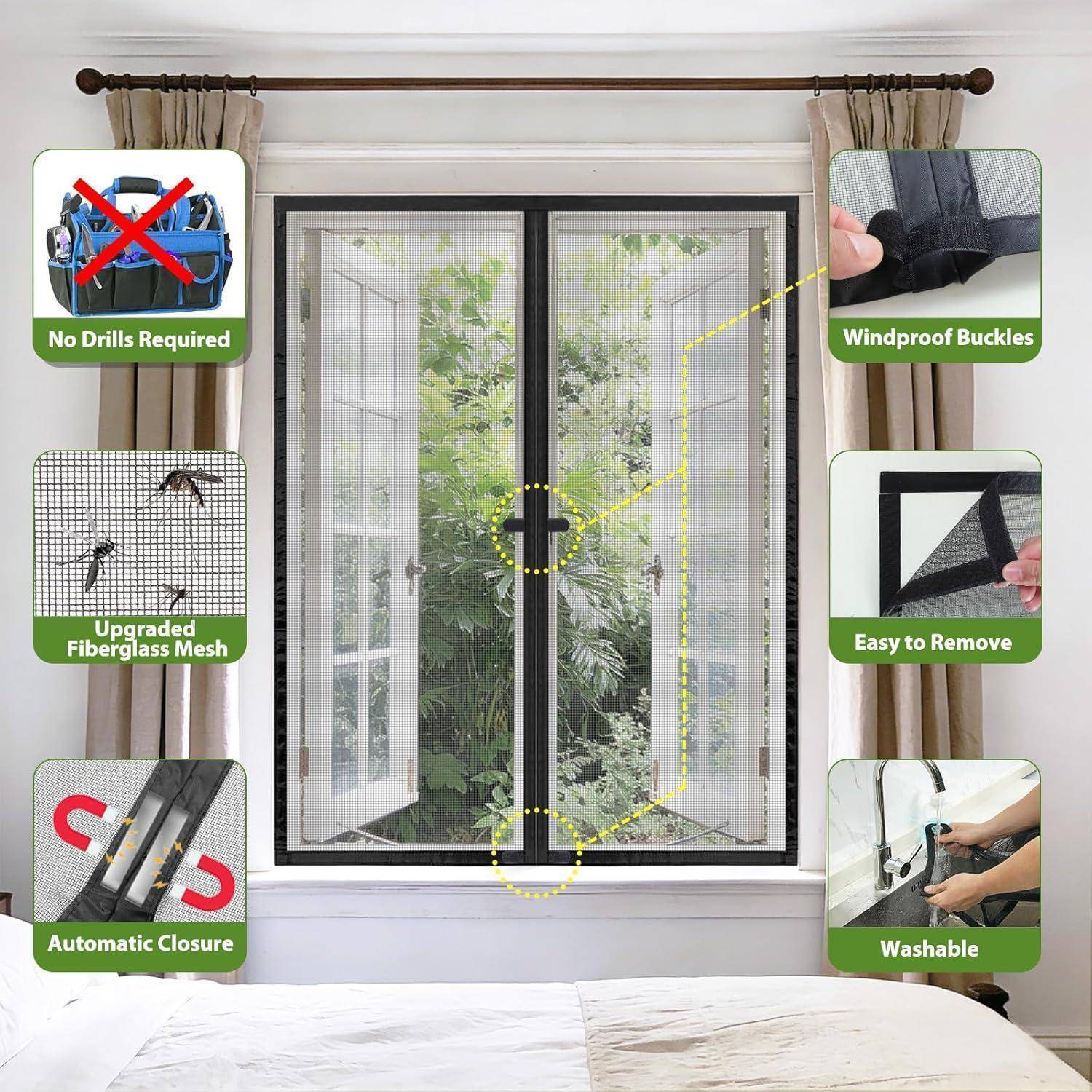 Schiebegitter-Fliegengitter in einer Fensteröffnung installiert, mit Hinweisen für Installation ohne Bohren, windsichere Verschlüsse, einfache Entfernung, waschbarer Stoff, verbessertes Fiberglas-Gittergewebe und automatischer Verschluss.