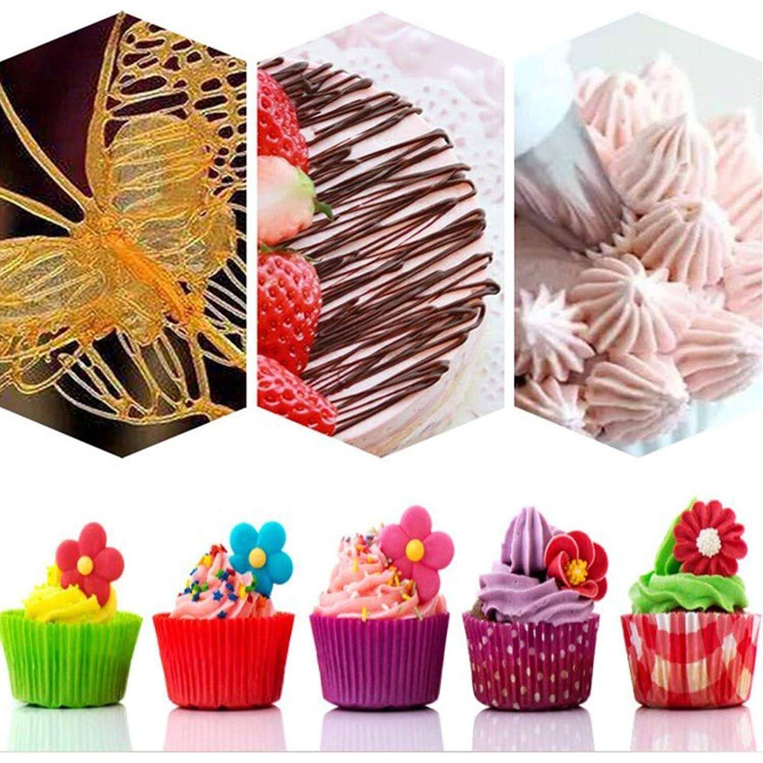 Sortierte verzierte Cupcakes mit bunten Frosting-Blüten, plus drei Beispiele dekorativer Kuchendesigns einschließlich eines Schmetterlings und gespritzte Sahneschwünge.