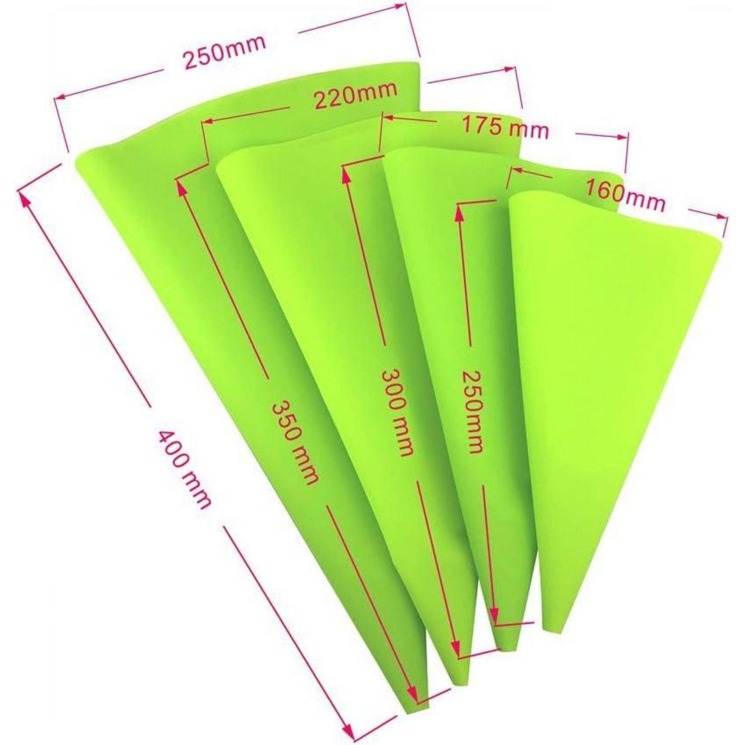 Satz aus vier grünen kegelförmigen Papierhülsen mit beschrifteten Abmessungen, die Größen von 400 mm, 350 mm, 300 mm und 250 mm zeigen, sowie obere Breiten von 250 mm, 220 mm, 175 mm und 160 mm.