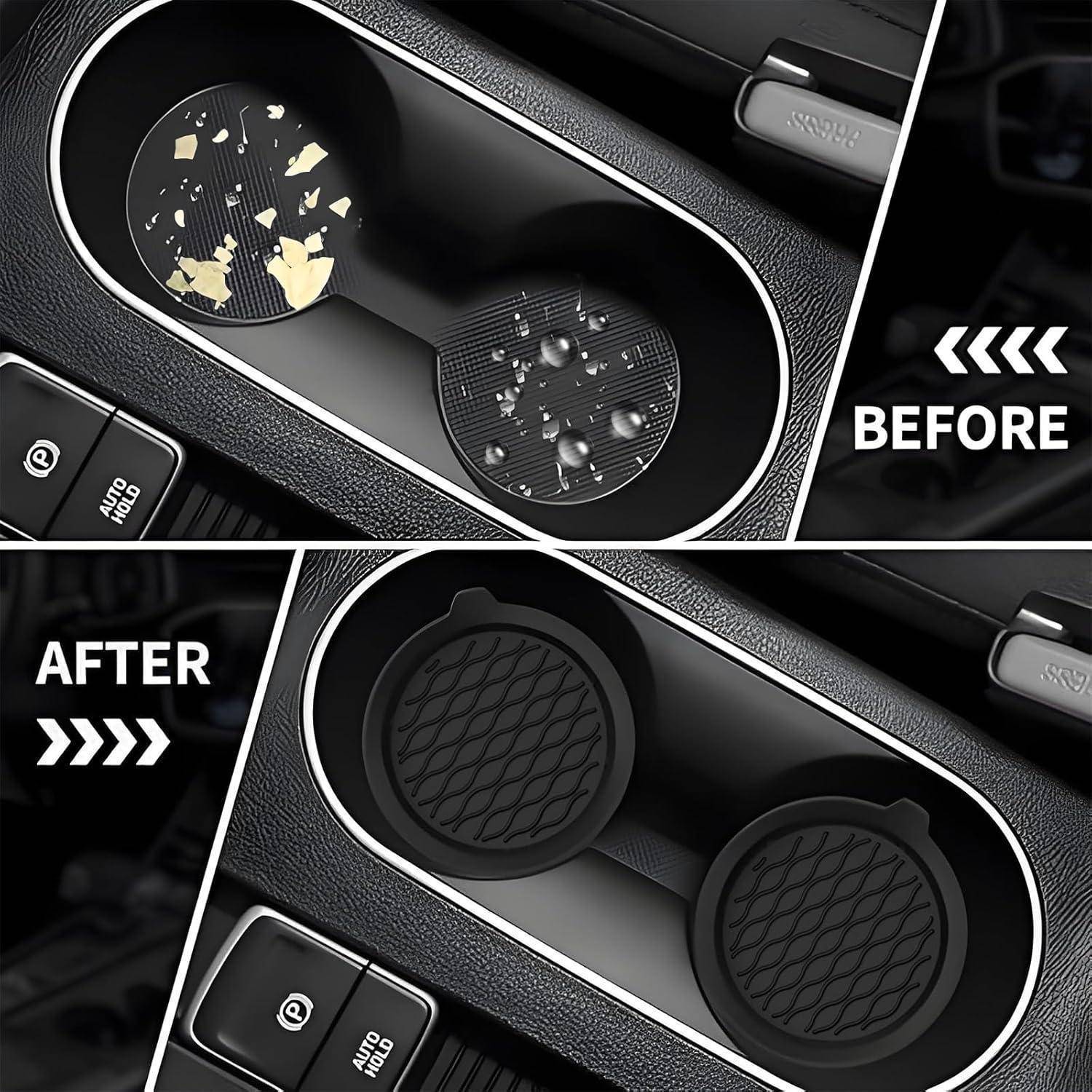 Vorher-und-nachher-Reinigung von Autocupholder-Einsätzen: vorher zeigt Krümel und Schmutz, nachher zeigt saubere schwarze Cupholder-Matten.