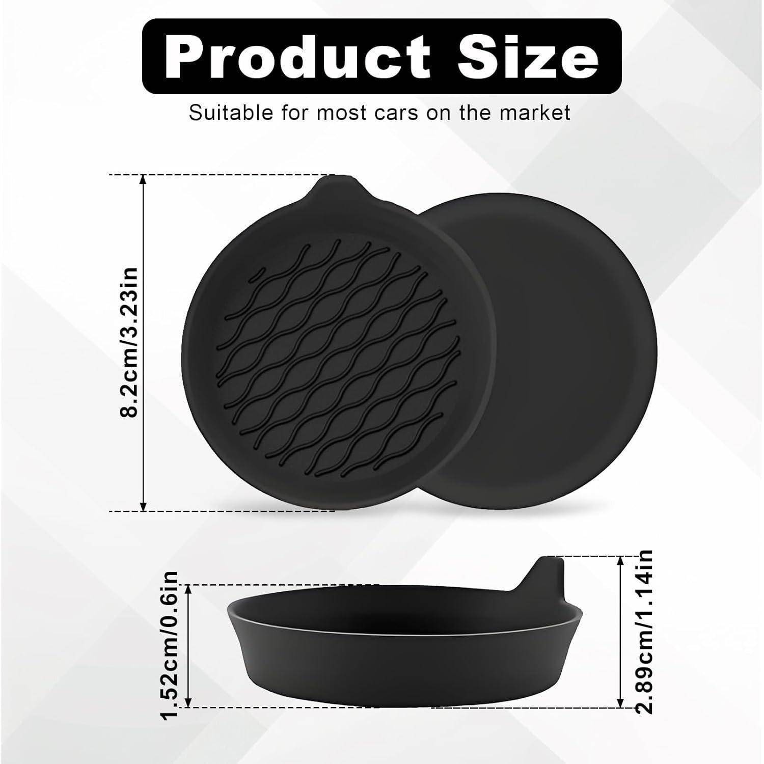 Produktgrößendiagramm mit zwei schwarzen runden Autozubehörabdeckungen, 8,2 cm (3,23 Zoll) breit und 2,89 cm (1,14 Zoll) hoch, mit Text „Geeignet für die meisten Autos