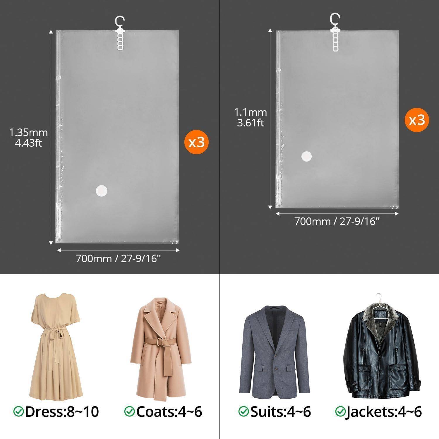 Größentabelle für Hänge-Kleidersäcke: x3 Taschen, 700 mm breit; linke Tasche ist 1,35 m hoch, rechte Tasche 1,1 m hoch. Unten angegeben ist die empfohlene Kapazität: Kleider 8-10, Mäntel 4-6, Anzüge 4-6, Jacken 4-6.