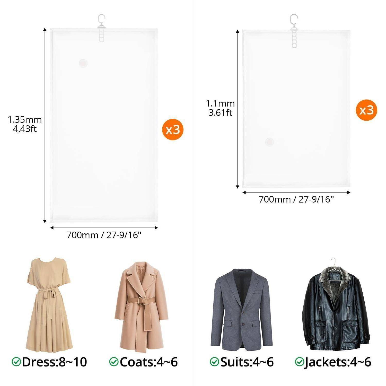 Vergleichstabelle von zwei Kleidersäcken: linker Sack 1350 mm x 700 mm für 3x, passend für Kleider 8-10 und Mäntel 4-6; rechter Sack 1100 mm x 700 mm für 3x, passend für Anzüge 4-6 und Jacken 4-6.