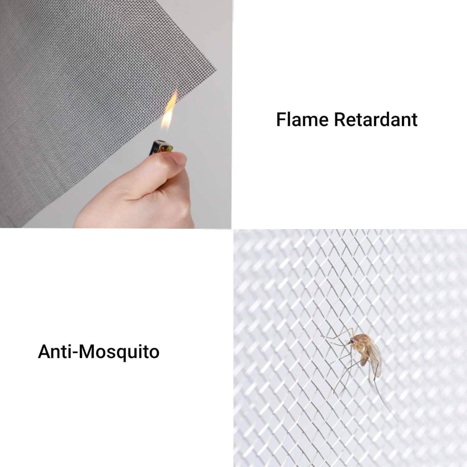 Geteiltes Bild, das Netzstoff mit der Bezeichnung „Flammhemmend" mit einem Lichttest und „Mückenschutz""-Netz zeigt, das eine Mücke fängt