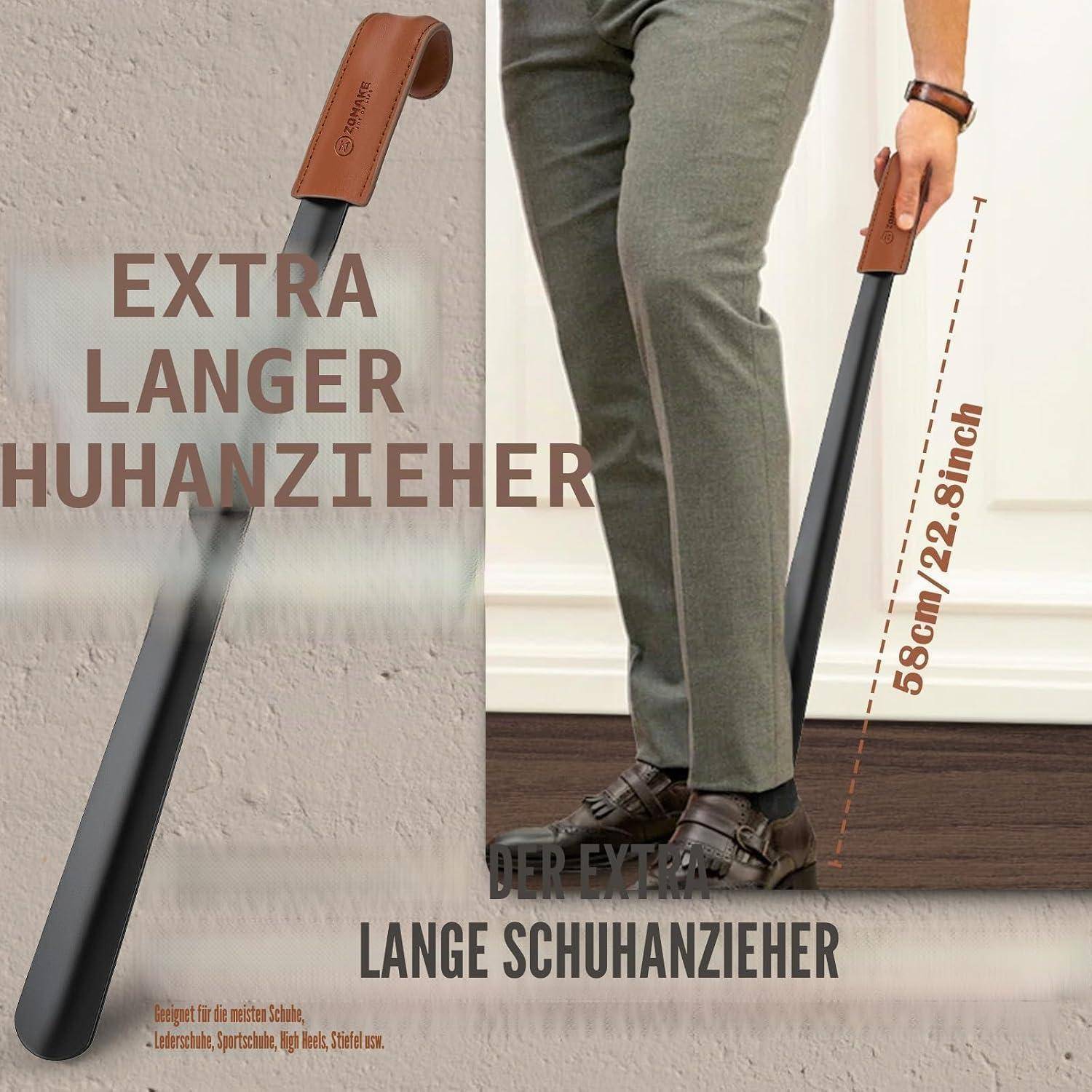 Werbebild eines besonders langen Schuhanziehers mit braunem Griff und schwarzem Schaft; deutscher Text besagt „EXTRA LANGER SCHUHANZIEHR" und „58cm/22,8 Zoll"", daneben eine Person, die ihn benutzt.