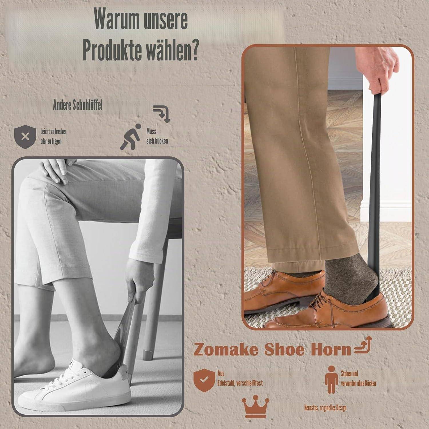 Werbe-Vergleichsgrafik, die eine Fußstütze der Schuhlöffel-Marke "Zomake Shoe Horn"" zeigt und Benutzern ermöglicht, Schuhe im Stehen anzuziehen, im Gegensatz zu einem anderen Hocker, der Bücken und Sitzen erfordert.
