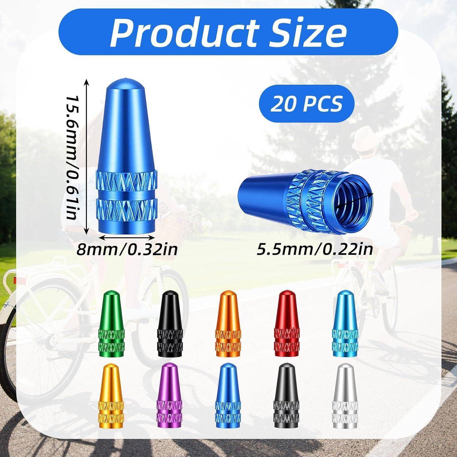Produktgrößen-Grafik für 20 Stück Metallventilkappen, zeigt 15,6 mm Höhe und 8 mm oder 5,5 mm Breite, in mehreren Farben.