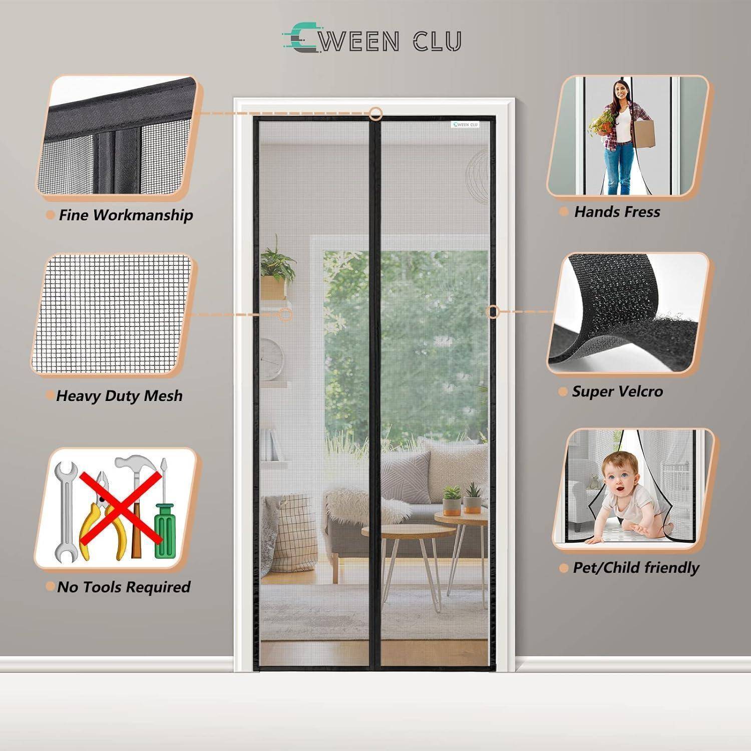 Infografik für eine Mesh-Fliegengittertür von 'EWEEN CLU' mit einer mittigen Tür mit Magnetverschluss und Hinweisen: feine Verarbeitung, strapazierfähiges Mesh-Gitter, keine Werkzeuge erforderlich, freihändig bedienbar, Super-Klettverschluss, haustier- und kinderfreundlich.