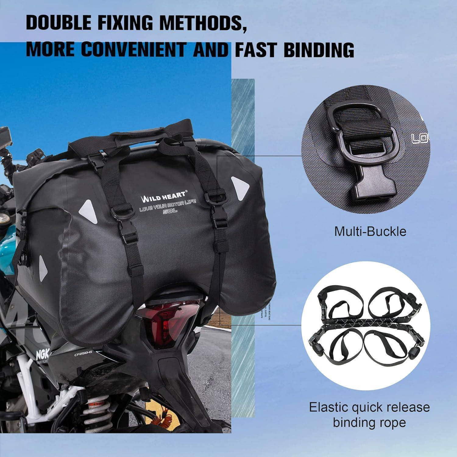 Motorrad-Hecktasche auf einem Motorrad montiert, die zwei Befestigungsmethoden zeigt: Multi-Schnallen und elastische Schnellverschlussgurte.
