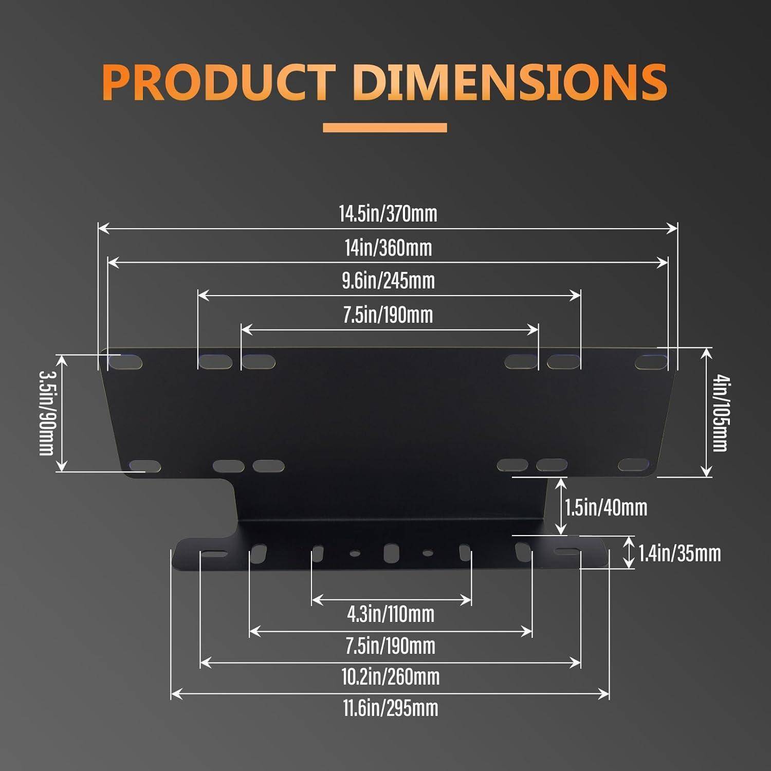 Produktdimensionsdiagramm einer wandmontierten Halterung: 14,5 Zoll/370 mm breit und 4,7 Zoll/105 mm hoch, mit gekennzeichneten Montage- und Sockelbreiten in Zoll und Millimetern.