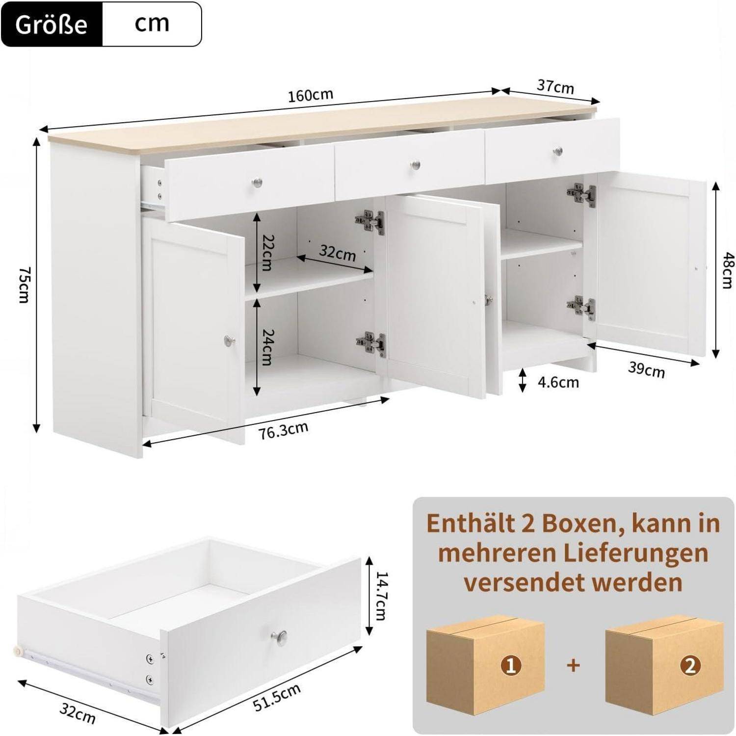 Diagramm eines weißen Anrichte-Schranks mit Abmessungen in cm, das zwei offene Fächer, Schubladen, Regale und eine separate Aufbewahrungsbox zeigt; eine Notiz besagt, dass 2 Boxen enthalten sind und der Versand in mehreren Lieferungen erfolgen kann.