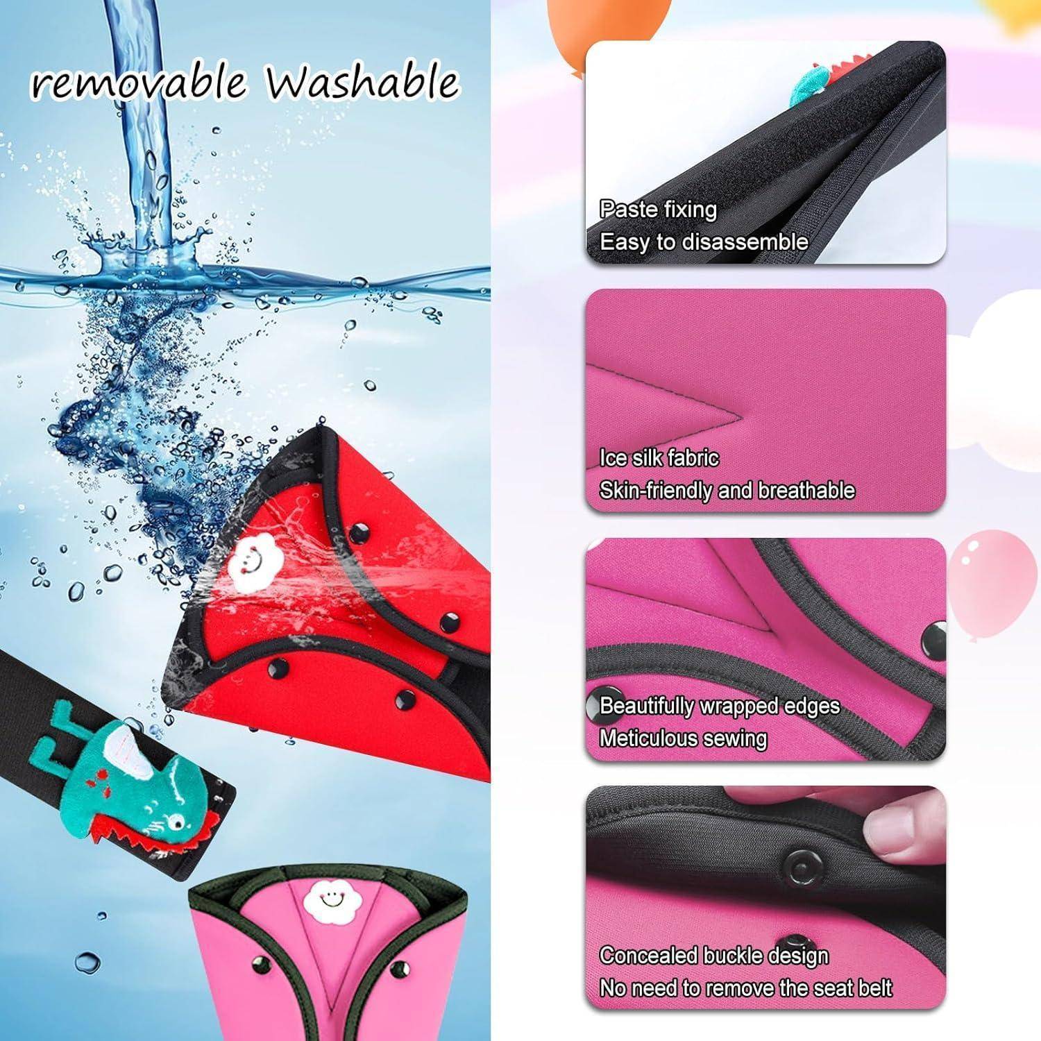 Werbebild von abnehmbaren, waschbaren Autositzauflagen für Kinder in Rot, Pink und Schwarz, gezeigt mit Wasserspritzer und Funktionshinweisen für einfache Entfernung, atmungsaktives Gewebe, versäumte Kanten und verborgenem Verschluss.