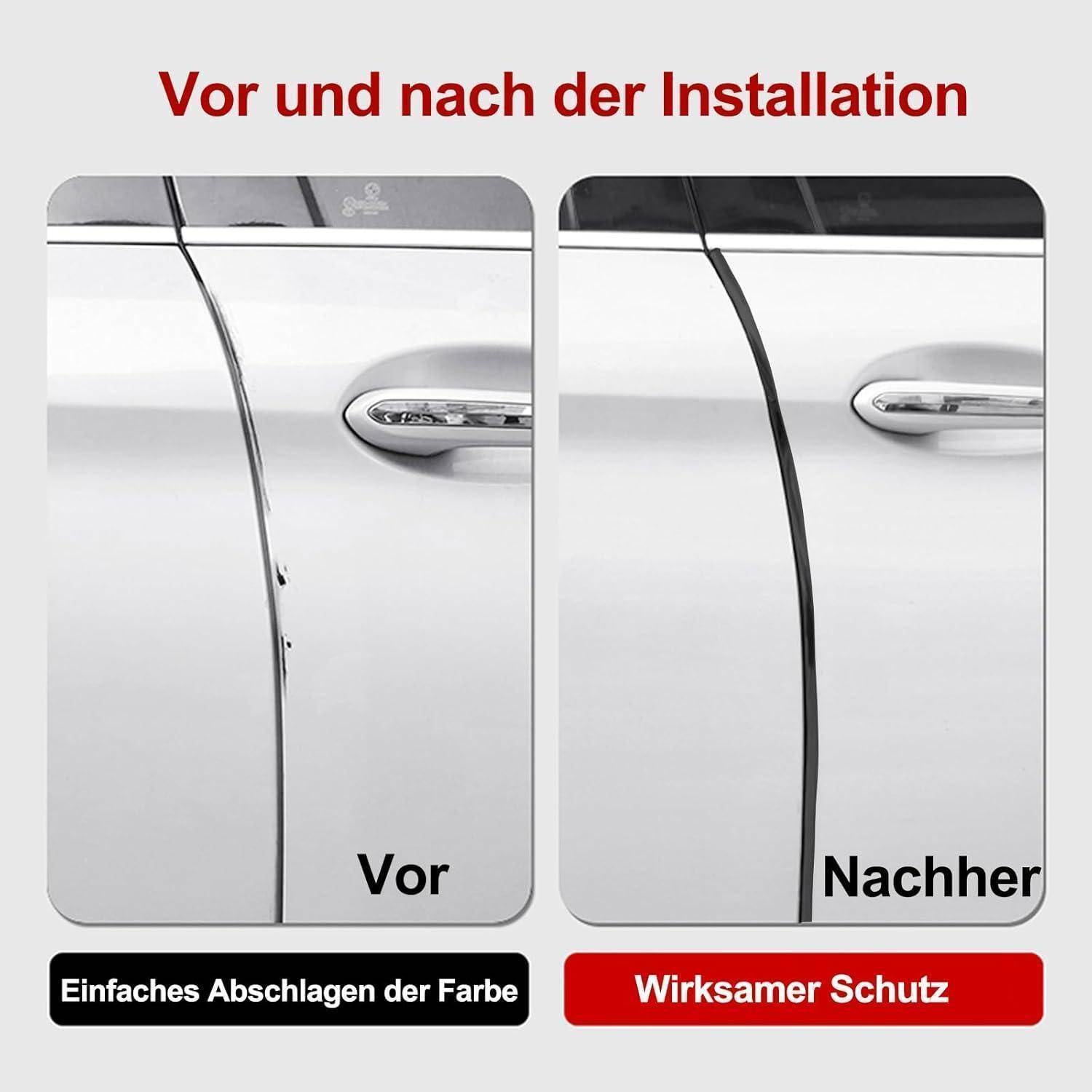 Vorher-Nachher-Vergleich einer Autotürkante: links zeigt abgesplitterte Farbe, rechts zeigt geschützte Kante; deutscher Text sagt „Vor und nach der Installation