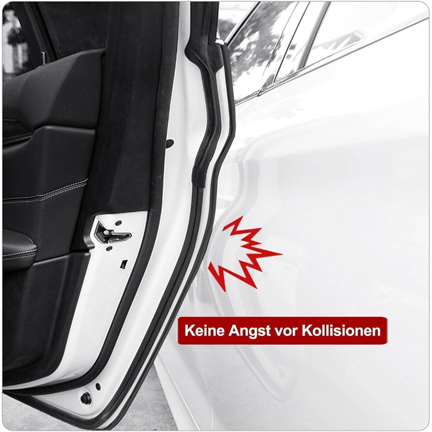 Nahaufnahme einer sich öffnenden Autotür neben einem anderen Fahrzeug, mit einer roten Warngraik und deutschem Text „Keine Angst vor Kollisionen
