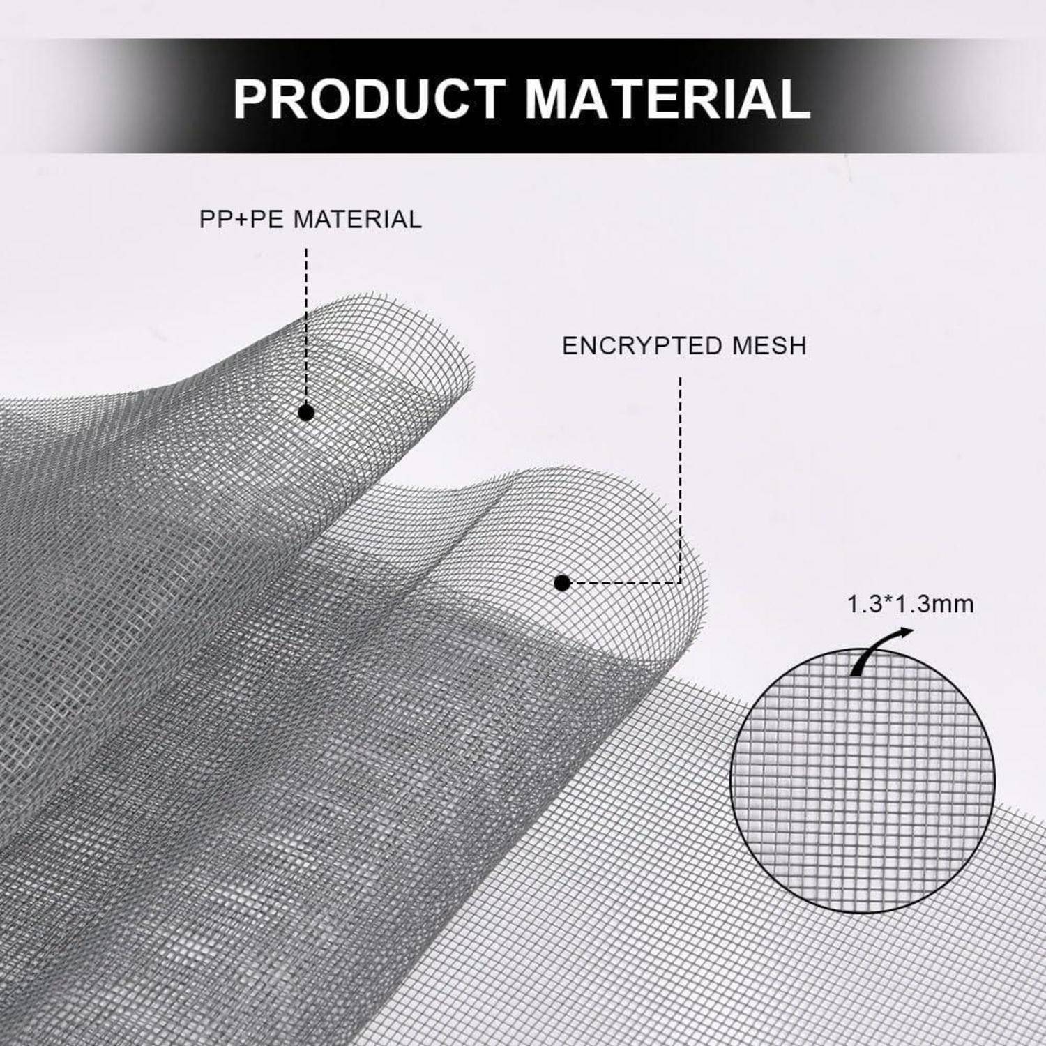 Diagramm zeigt „PRODUKTMATERIAL" mit geschichtetem PP+PE-Material und verschlüsseltem Netz, plus eine 1,3*1,3mm Netz-Nahaufnahme.