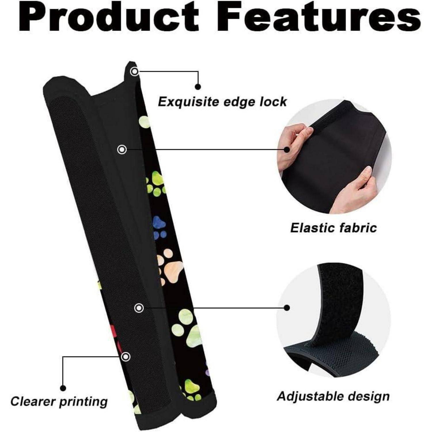 Produktmerkmale-Diagramm mit einem schwarzen elastischen Stoff-Ärmel mit Beschriftungen für „Exquisite Kantenverschluss