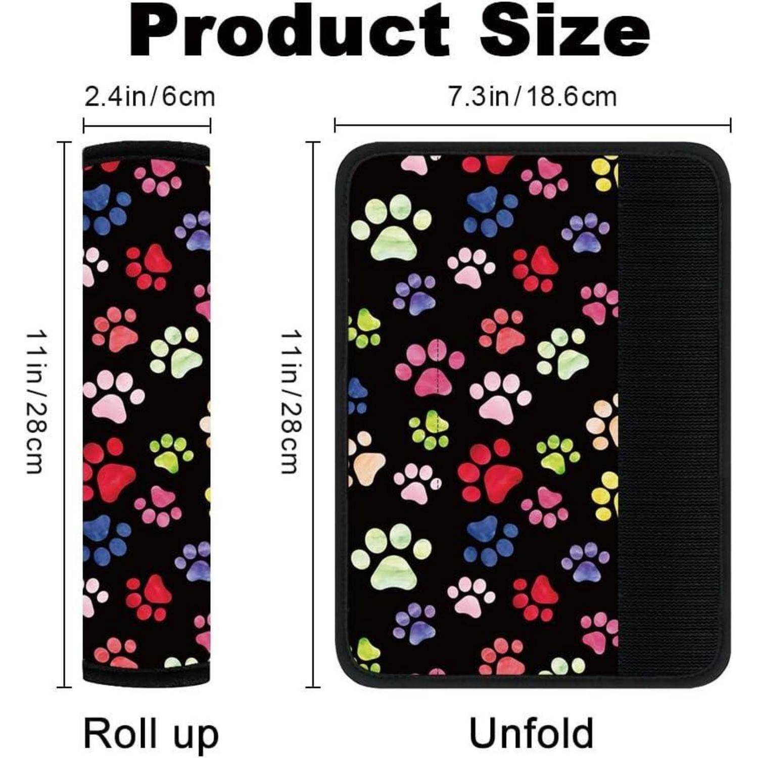 Größendiagramm des Produkts für eine Pfotenabdruck-Rollmatte; Größe im aufgerollten Zustand 2,4 x 11 Zoll (6 x 28 cm), Größe im ausgebreiteten Zustand 7,3 x 11 Zoll (18,6 x 28 cm).