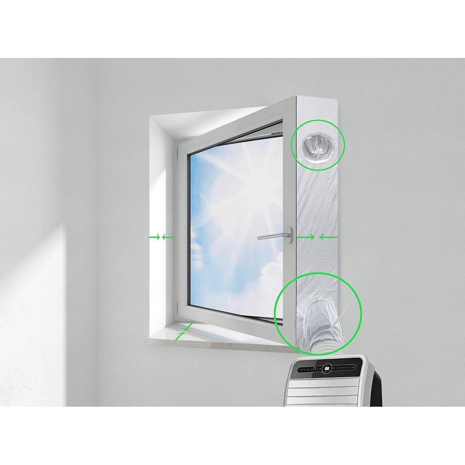 Teilweise geöffnetes Fenster mit grünen Kreisen, die den Griff und die untere Eckendichtung hervorheben, was auf einstellbare Luftströmung oder Belüftung hindeutet.