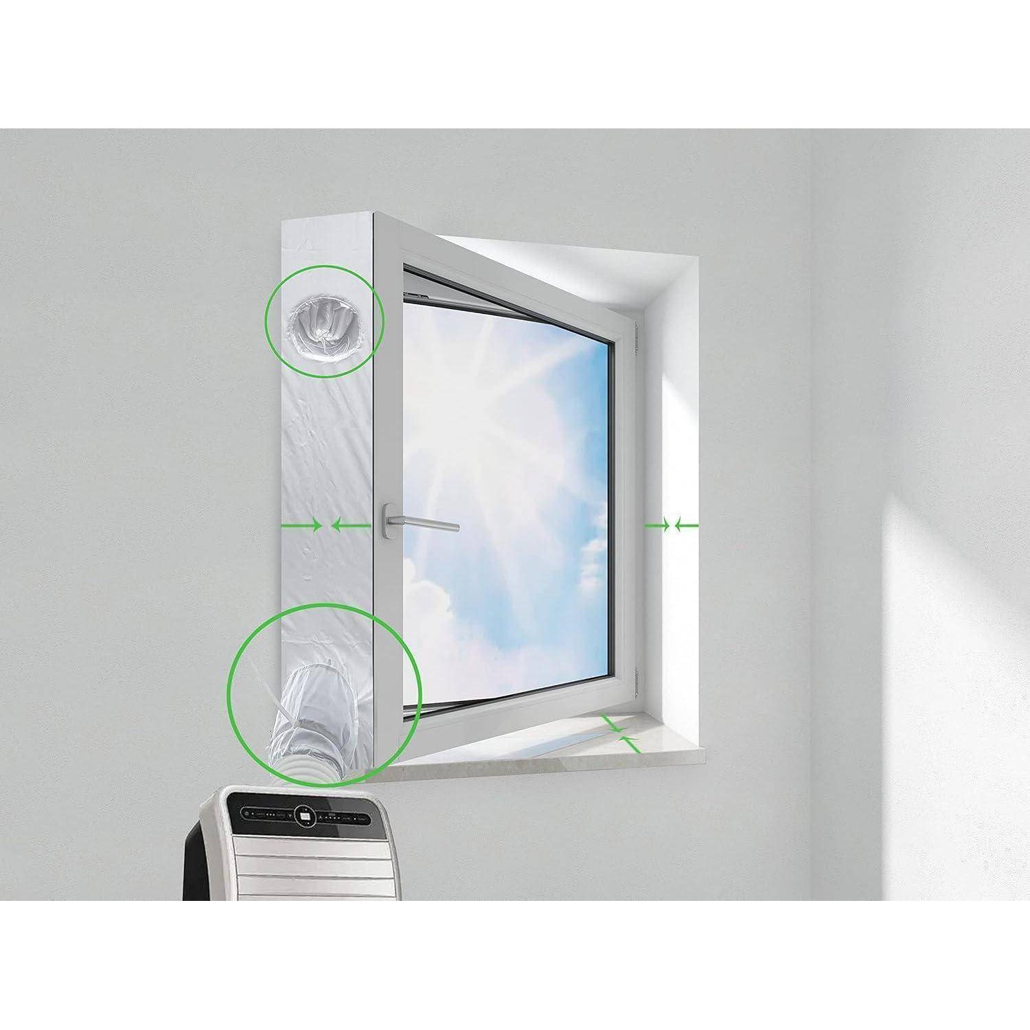 Offenes Fenster mit weißem Lüftungspanel daneben, das Luftströmung und Dichtungsstellen in Grün hervorgehoben zeigt.