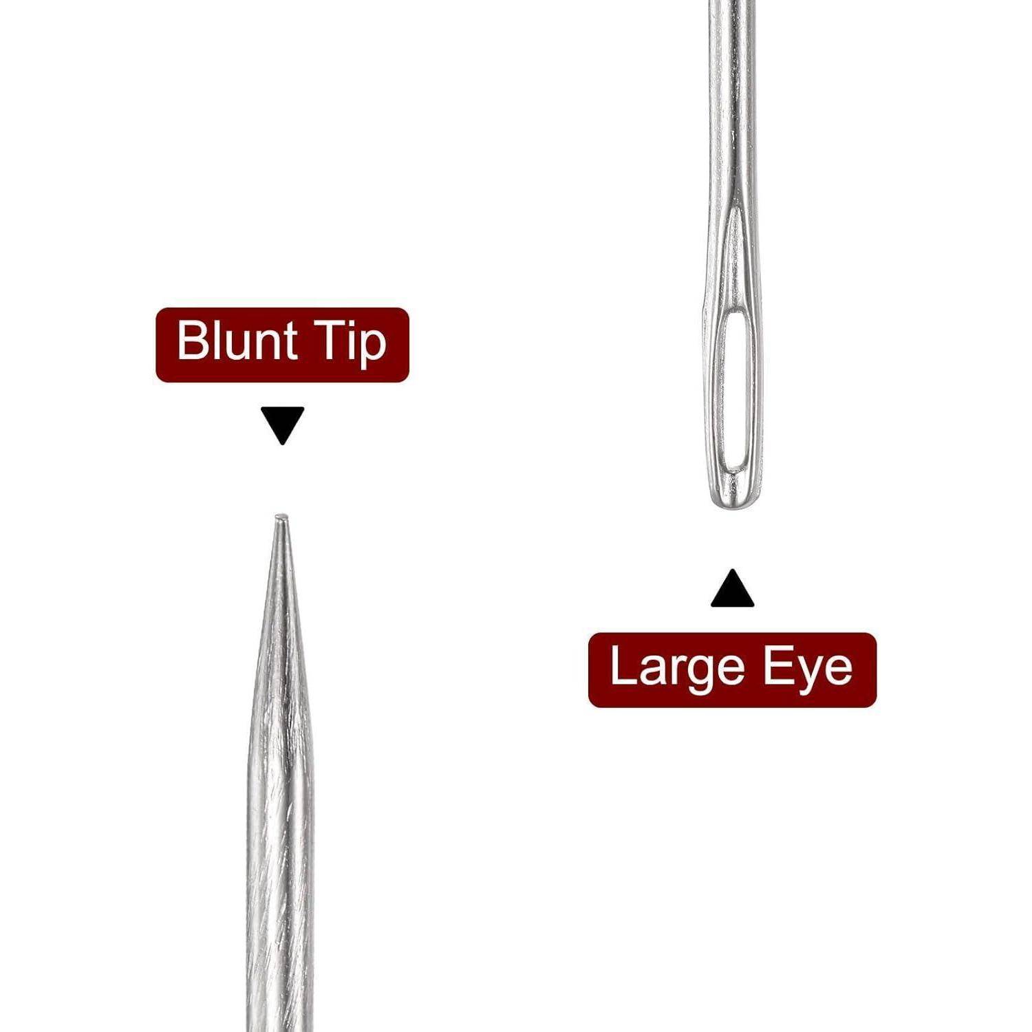 Diagramm einer Nadel mit der Beschriftung „Stumpfe Spitze" und „Großes Öhr"", das das spitze Ende und die Öffnung des Öhrs zeigt.